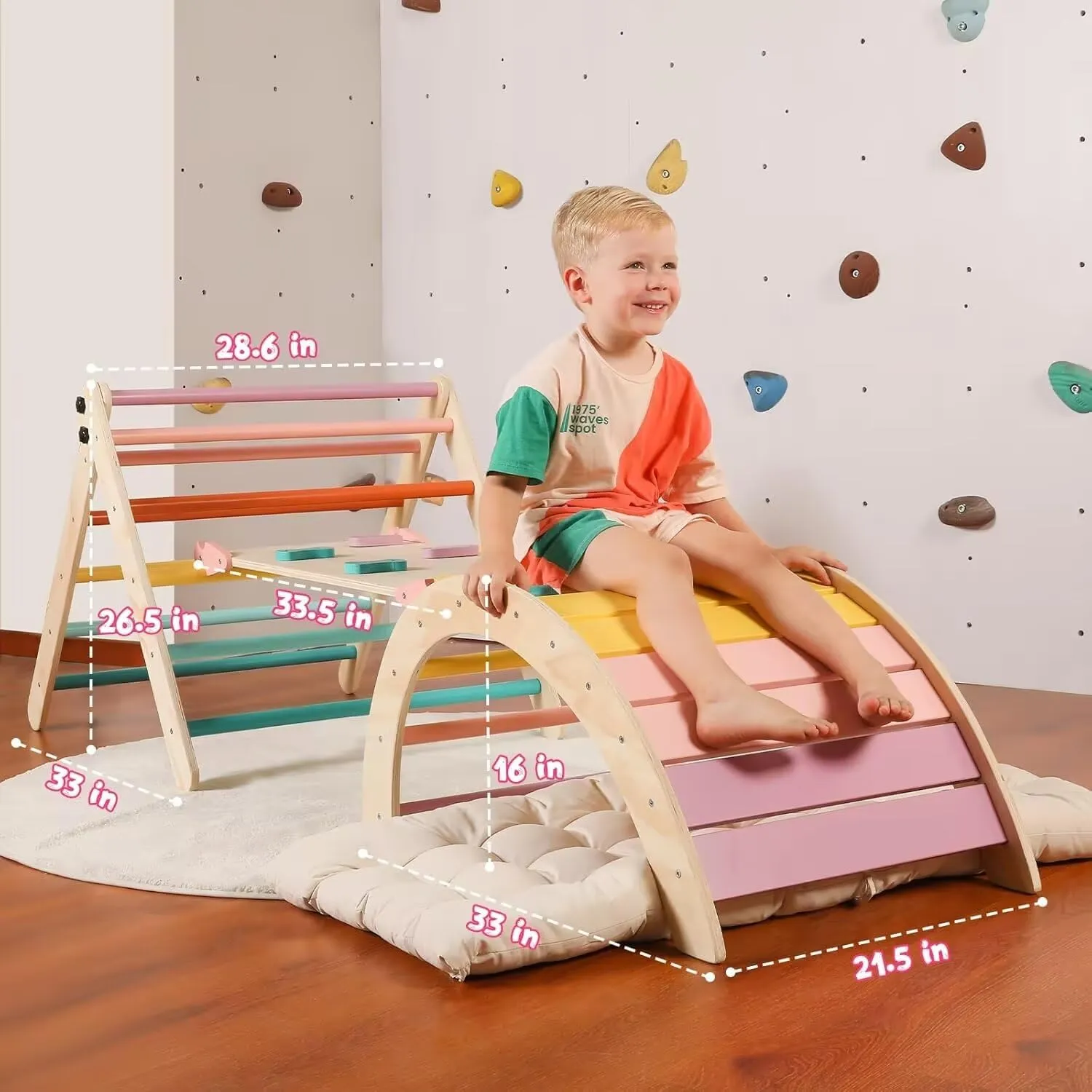 Pikler Triangle Set with Cushion Large, 5 in 1 Toddler Climbing Toys Indoor, Montessori Foldable Climbing Set for Kids, Wooden Playground Jungle Gym with Ramp, Arch and Ladder (Color-B)