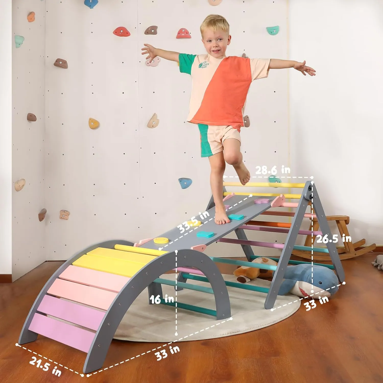Pikler Triangle Set with Cushion Large, 5 in 1 Toddler Climbing Toys Indoor, Montessori Foldable Climbing Set for Kids, Wooden Playground Jungle Gym with Ramp, Arch and Ladder(Color-A)