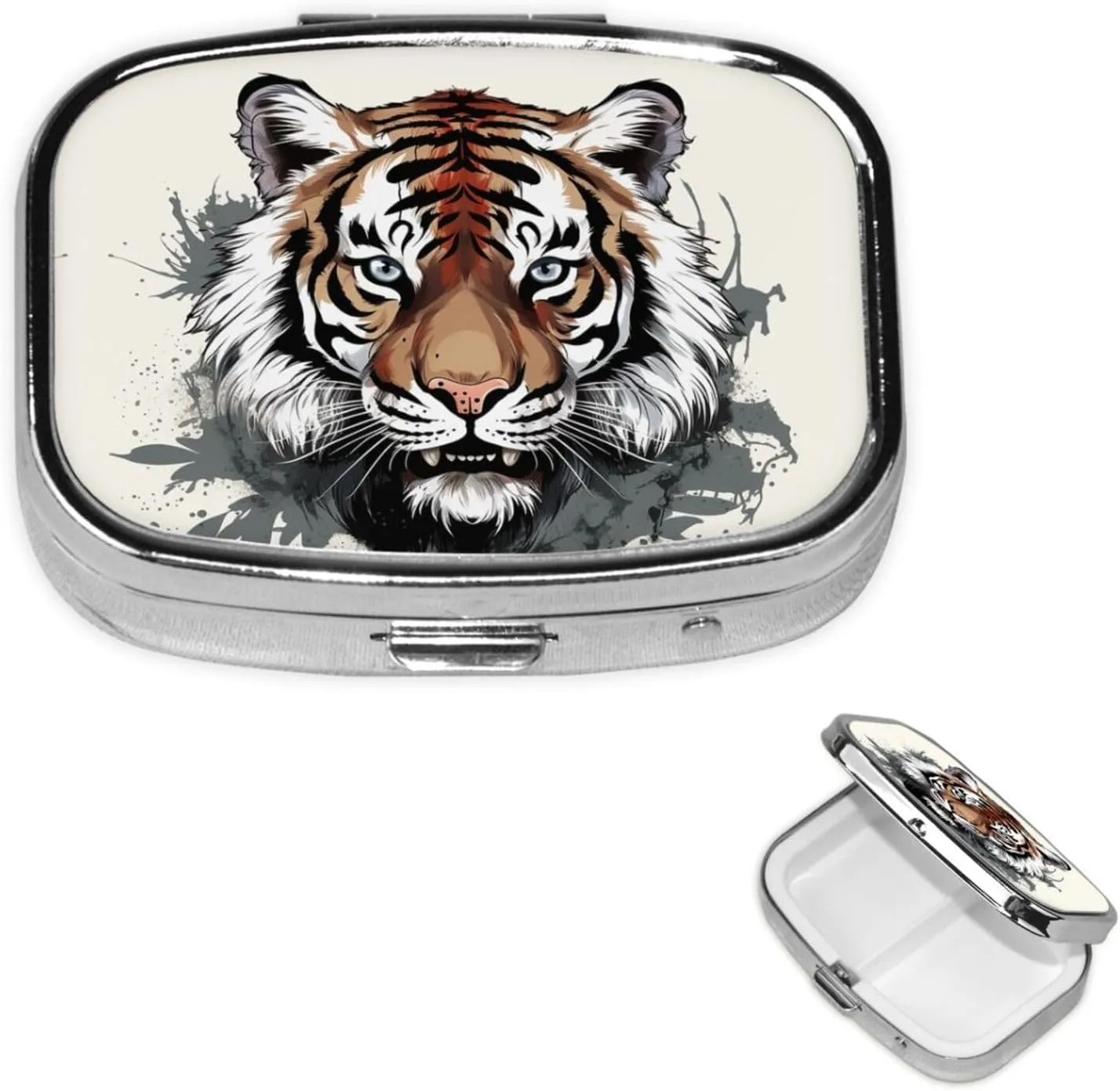 Pill Case with Mirror Retro 2 Compartment Pill Box Black and White Doodle Tiger Small Pill Organizer for Purse or Pocket Decorative Metal Medicine Vitamin Organizer Unique Gifts