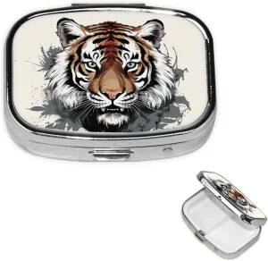 Pill Case with Mirror Retro 2 Compartment Pill Box Black and White Doodle Tiger Small Pill Organizer for Purse or Pocket Decorative Metal Medicine Vitamin Organizer Unique Gifts