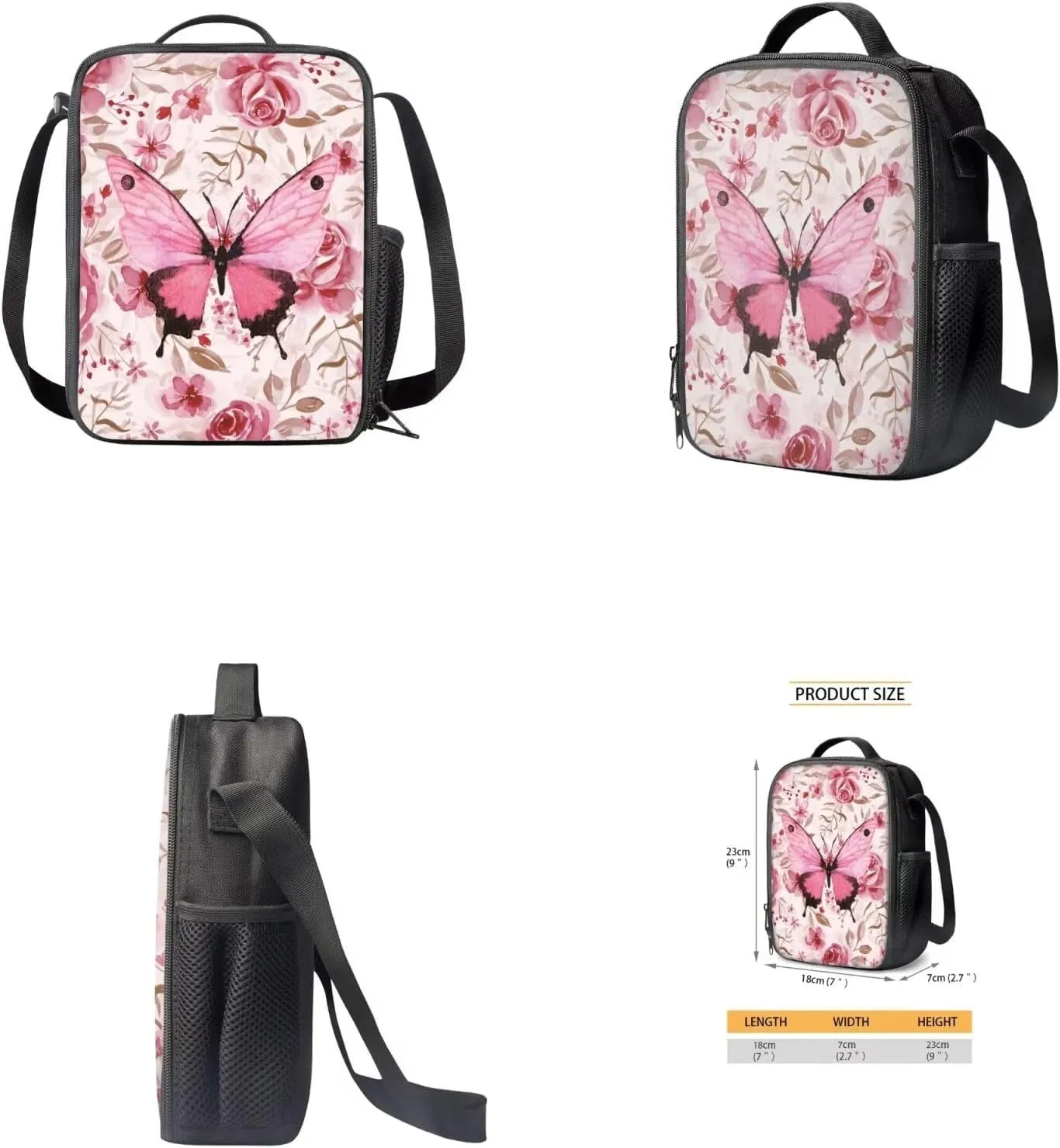 Pink Butterfly School Bag and Lunch Box Set for Girls 4-6 Kids Backpack Set with Water Bottle Holder Kids School Handbags Lightweight Backpack for Middle High School/Trip/Excursions
