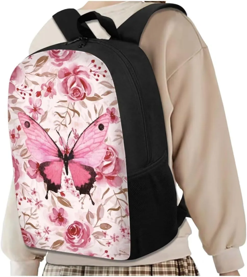 Pink Butterfly School Bag and Lunch Box Set for Girls 4-6 Kids Backpack Set with Water Bottle Holder Kids School Handbags Lightweight Backpack for Middle High School/Trip/Excursions