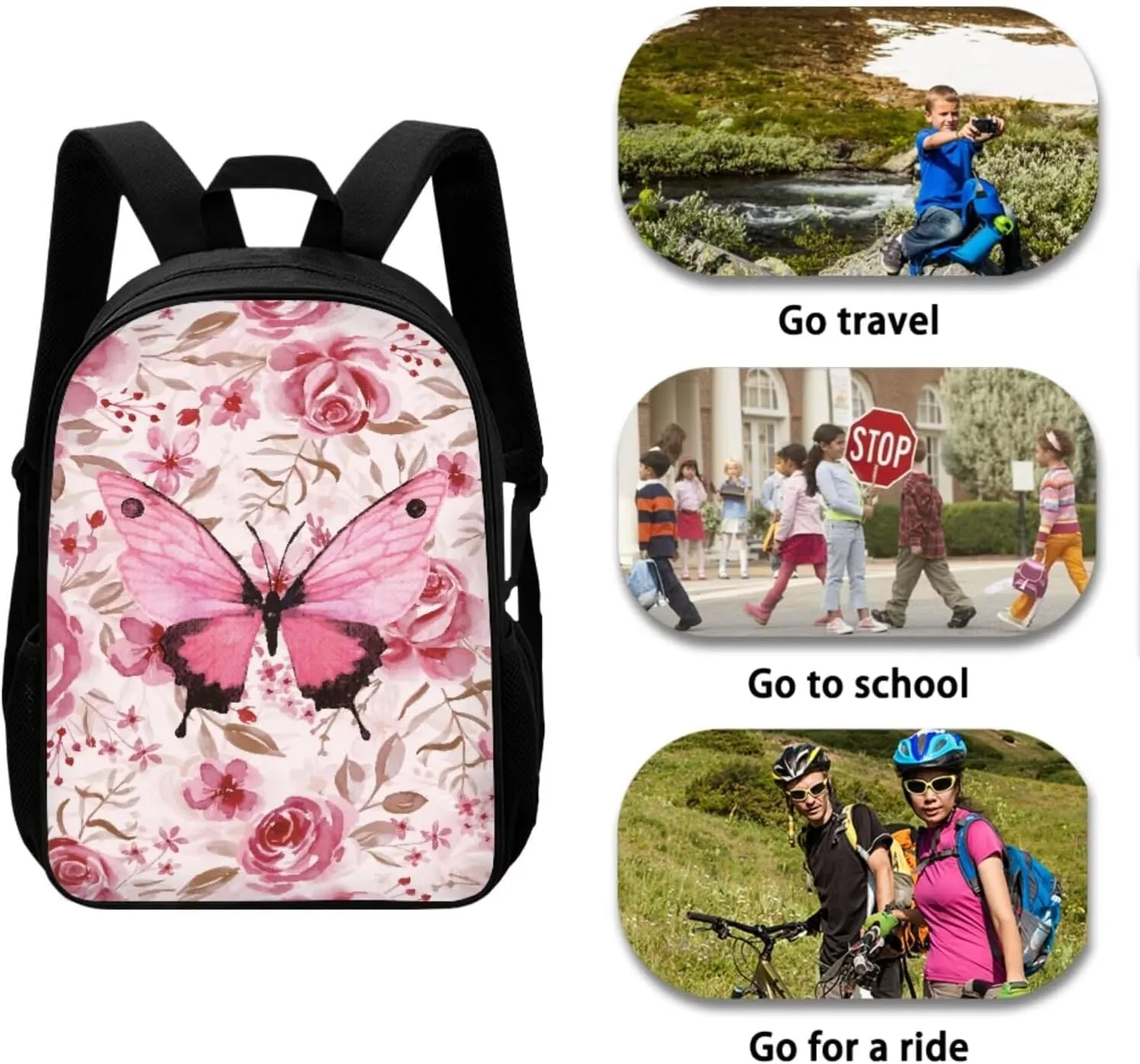 Pink Butterfly School Bag and Lunch Box Set for Girls 4-6 Kids Backpack Set with Water Bottle Holder Kids School Handbags Lightweight Backpack for Middle High School/Trip/Excursions