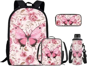 Pink Butterfly School Bag and Lunch Box Set for Girls 4-6 Kids Backpack Set with Water Bottle Holder Kids School Handbags Lightweight Backpack for Middle High School/Trip/Excursions