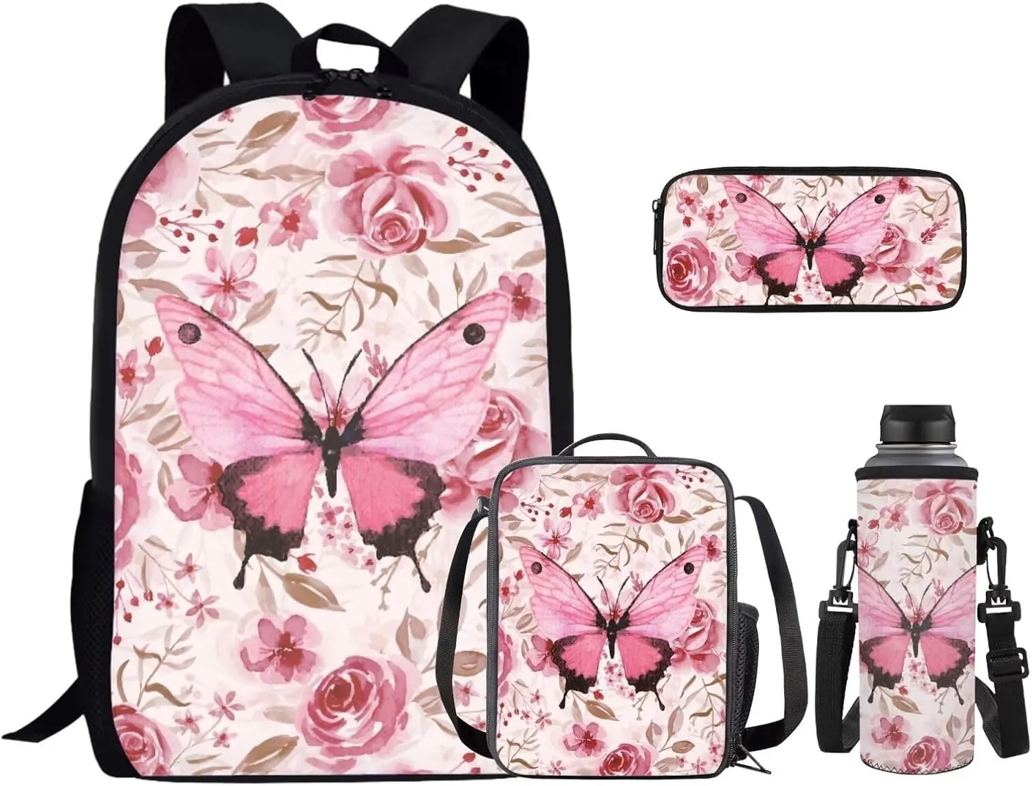 Pink Butterfly School Bag and Lunch Box Set for Girls 4-6 Kids Backpack Set with Water Bottle Holder Kids School Handbags Lightweight Backpack for Middle High School/Trip/Excursions