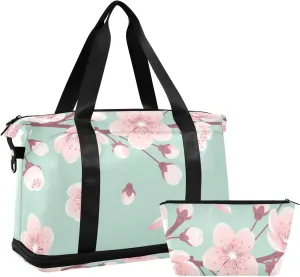 Pink Cherry Blossoms, Spring Flowers, Falling Petals on Turquoise Foldable Travel Bag, Camping Luggage bag, Portable Gym Bag, Sports Bag, Toiletry Bag with Handles Adjustable Shoulder Strap