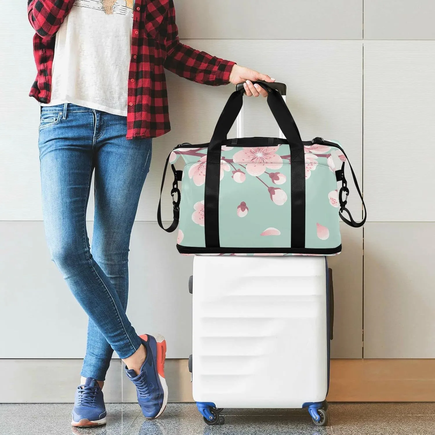 Pink Cherry Blossoms, Spring Flowers, Falling Petals on Turquoise Foldable Travel Bag, Camping Luggage bag, Portable Gym Bag, Sports Bag, Toiletry Bag with Handles Adjustable Shoulder Strap