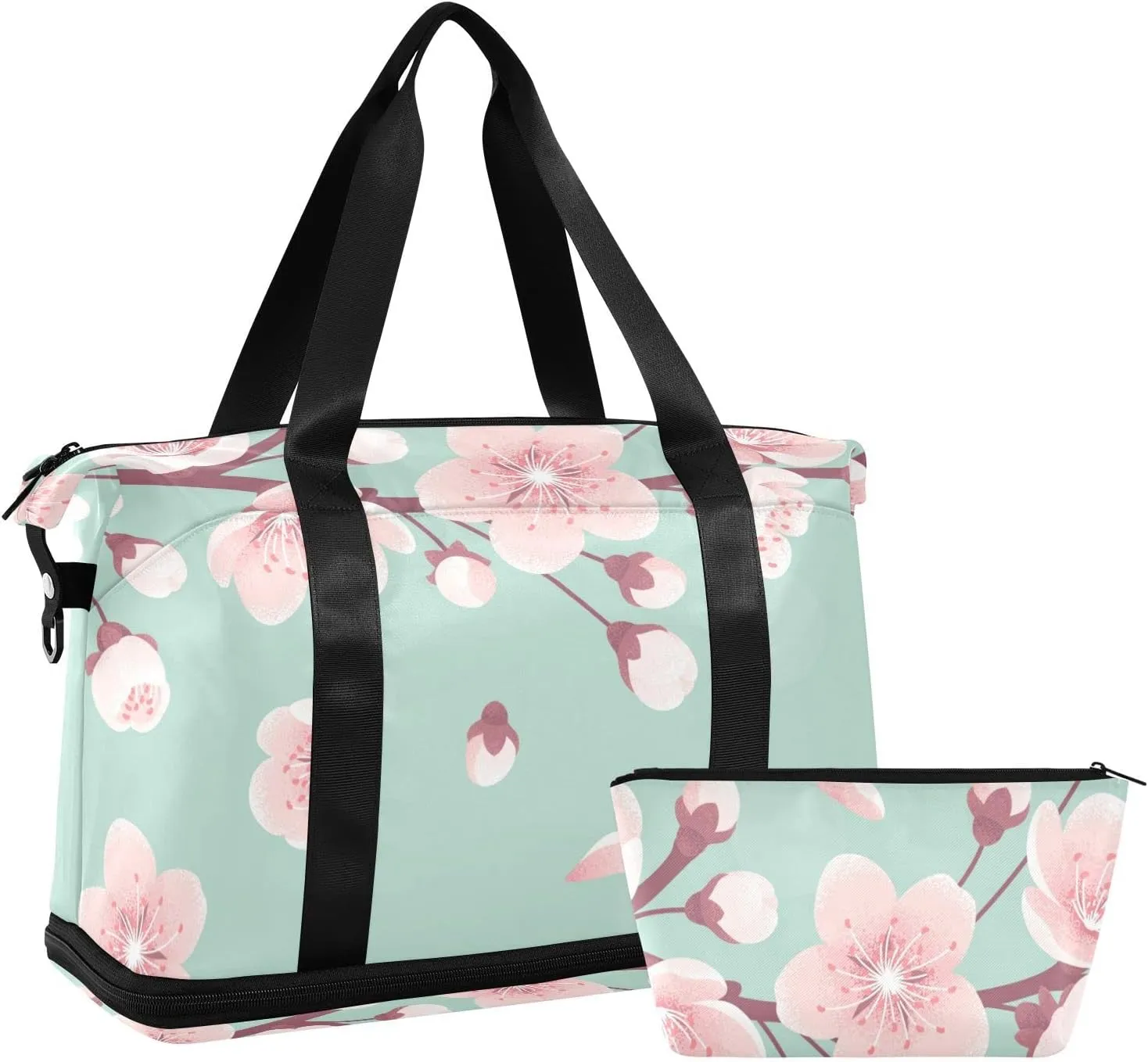 Pink Cherry Blossoms, Spring Flowers, Falling Petals on Turquoise Foldable Travel Bag, Camping Luggage bag, Portable Gym Bag, Sports Bag, Toiletry Bag with Handles Adjustable Shoulder Strap