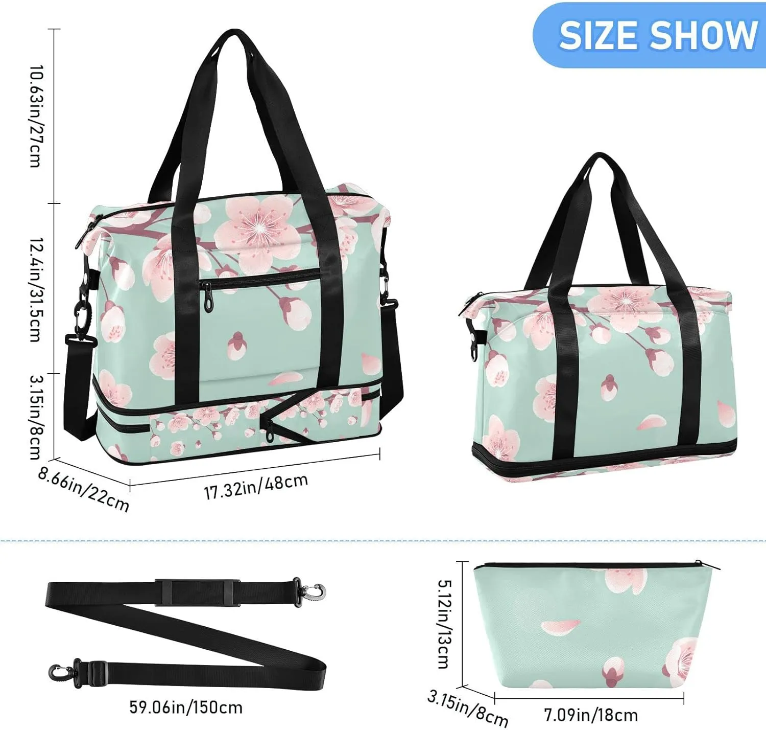 Pink Cherry Blossoms, Spring Flowers, Falling Petals on Turquoise Foldable Travel Bag, Camping Luggage bag, Portable Gym Bag, Sports Bag, Toiletry Bag with Handles Adjustable Shoulder Strap