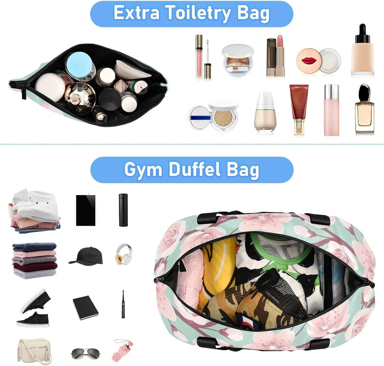 Pink Cherry Blossoms, Spring Flowers, Falling Petals on Turquoise Foldable Travel Bag, Camping Luggage bag, Portable Gym Bag, Sports Bag, Toiletry Bag with Handles Adjustable Shoulder Strap