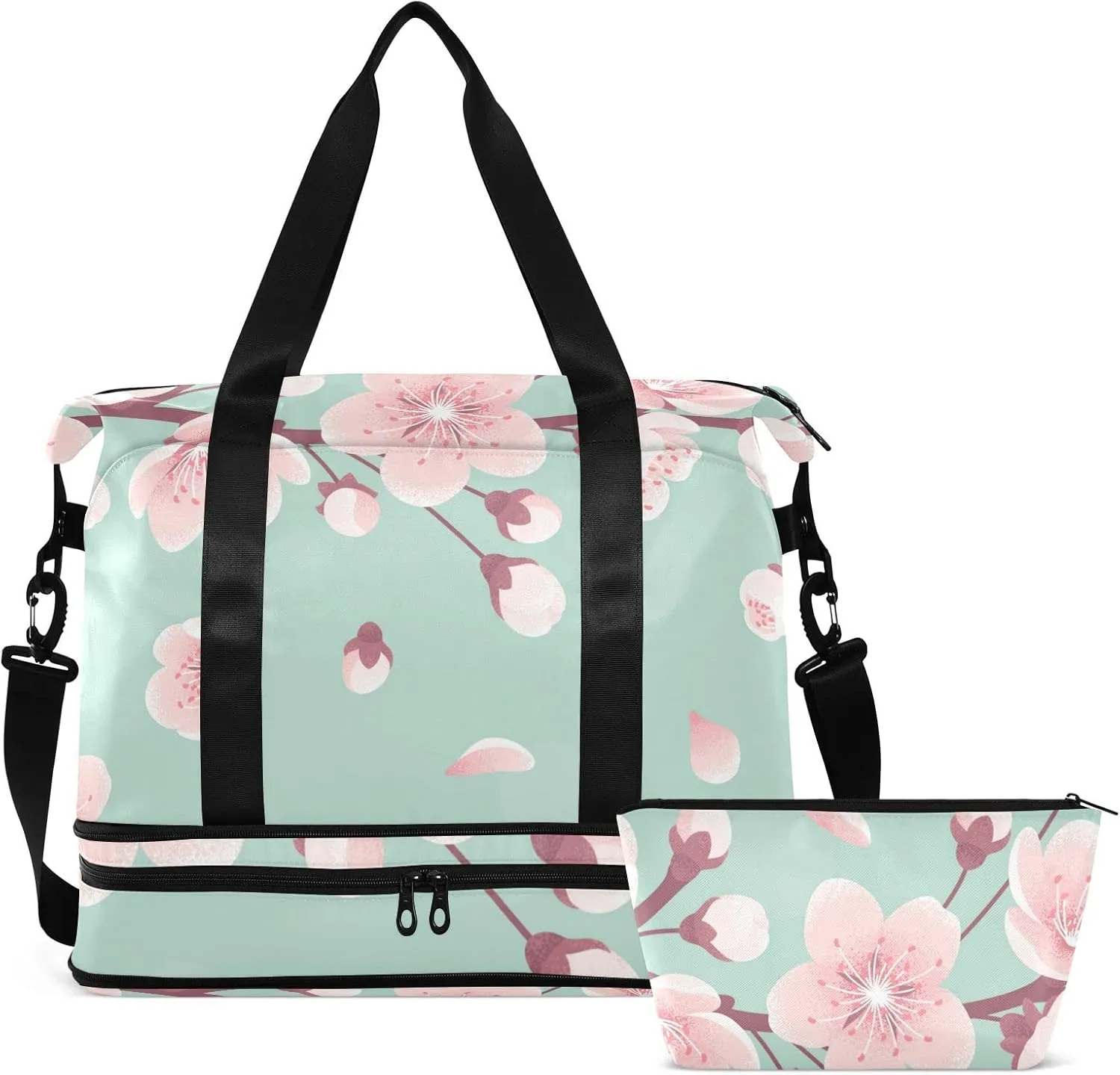 Pink Cherry Blossoms, Spring Flowers, Falling Petals on Turquoise Foldable Travel Bag, Camping Luggage bag, Portable Gym Bag, Sports Bag, Toiletry Bag with Handles Adjustable Shoulder Strap