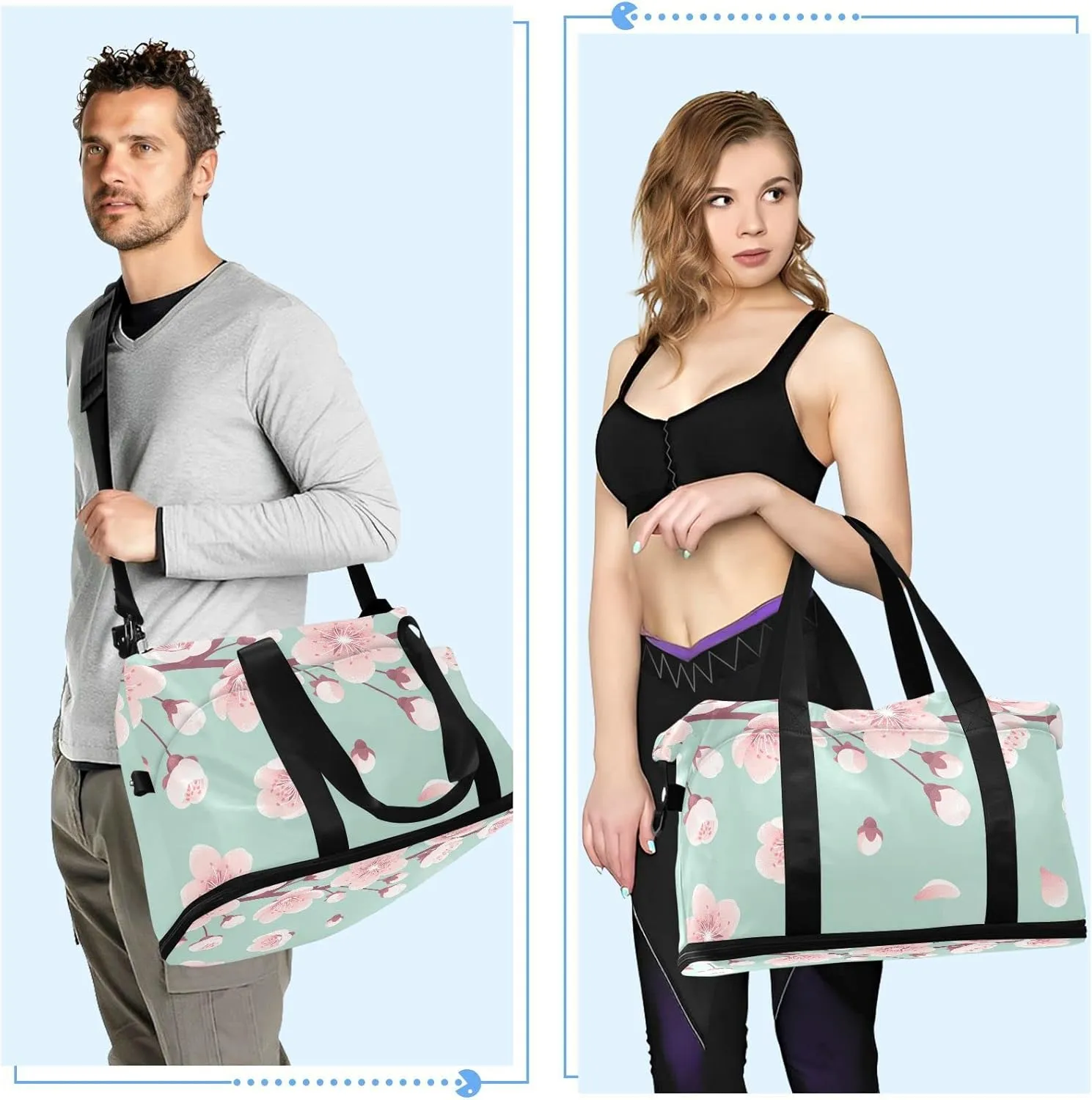 Pink Cherry Blossoms, Spring Flowers, Falling Petals on Turquoise Foldable Travel Bag, Camping Luggage bag, Portable Gym Bag, Sports Bag, Toiletry Bag with Handles Adjustable Shoulder Strap