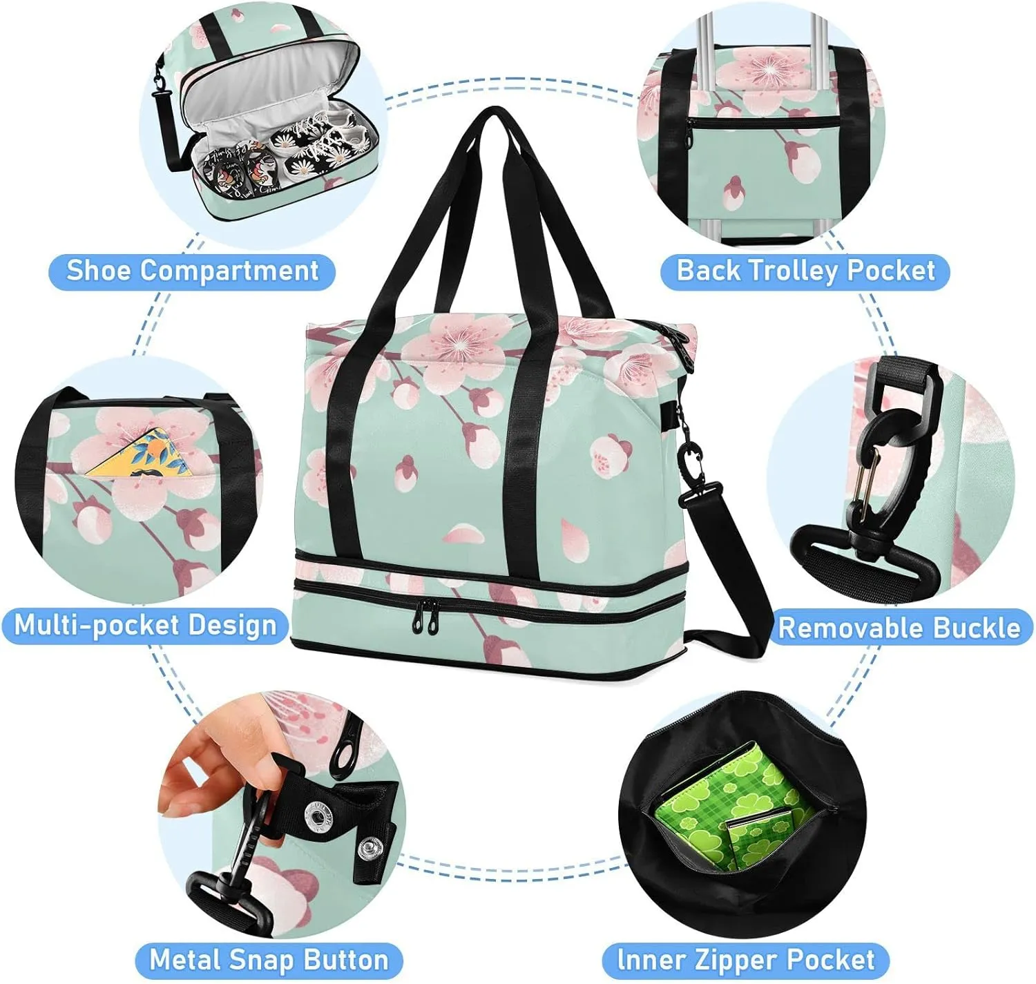 Pink Cherry Blossoms, Spring Flowers, Falling Petals on Turquoise Foldable Travel Bag, Camping Luggage bag, Portable Gym Bag, Sports Bag, Toiletry Bag with Handles Adjustable Shoulder Strap
