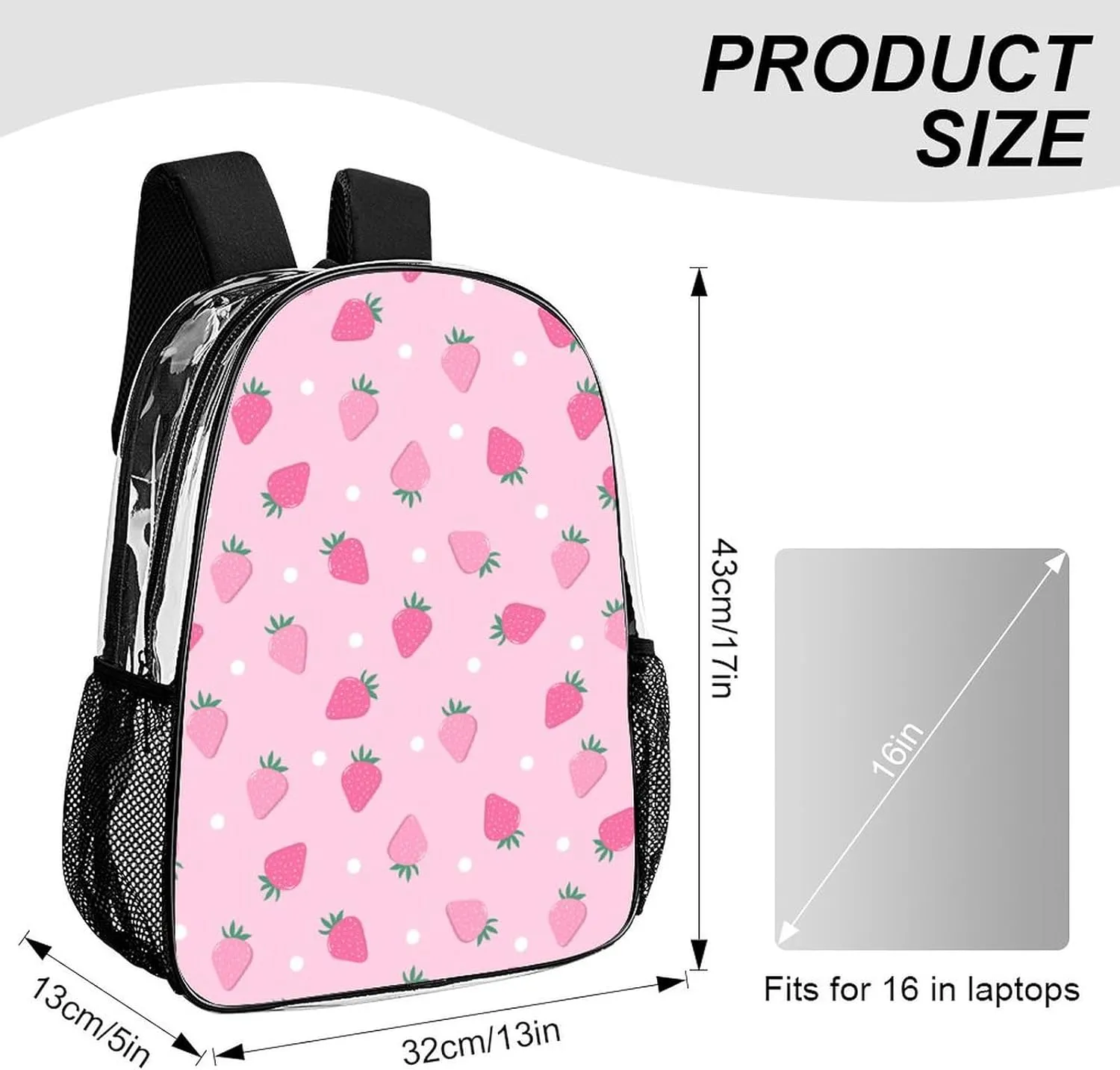 Pink Strawberry Polka Dot Transparent Fashion Waterproof PVC Transparent Backpack Unisex 17 Inches