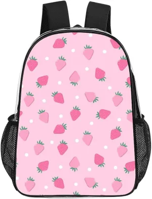 Pink Strawberry Polka Dot Transparent Fashion Waterproof PVC Transparent Backpack Unisex 17 Inches