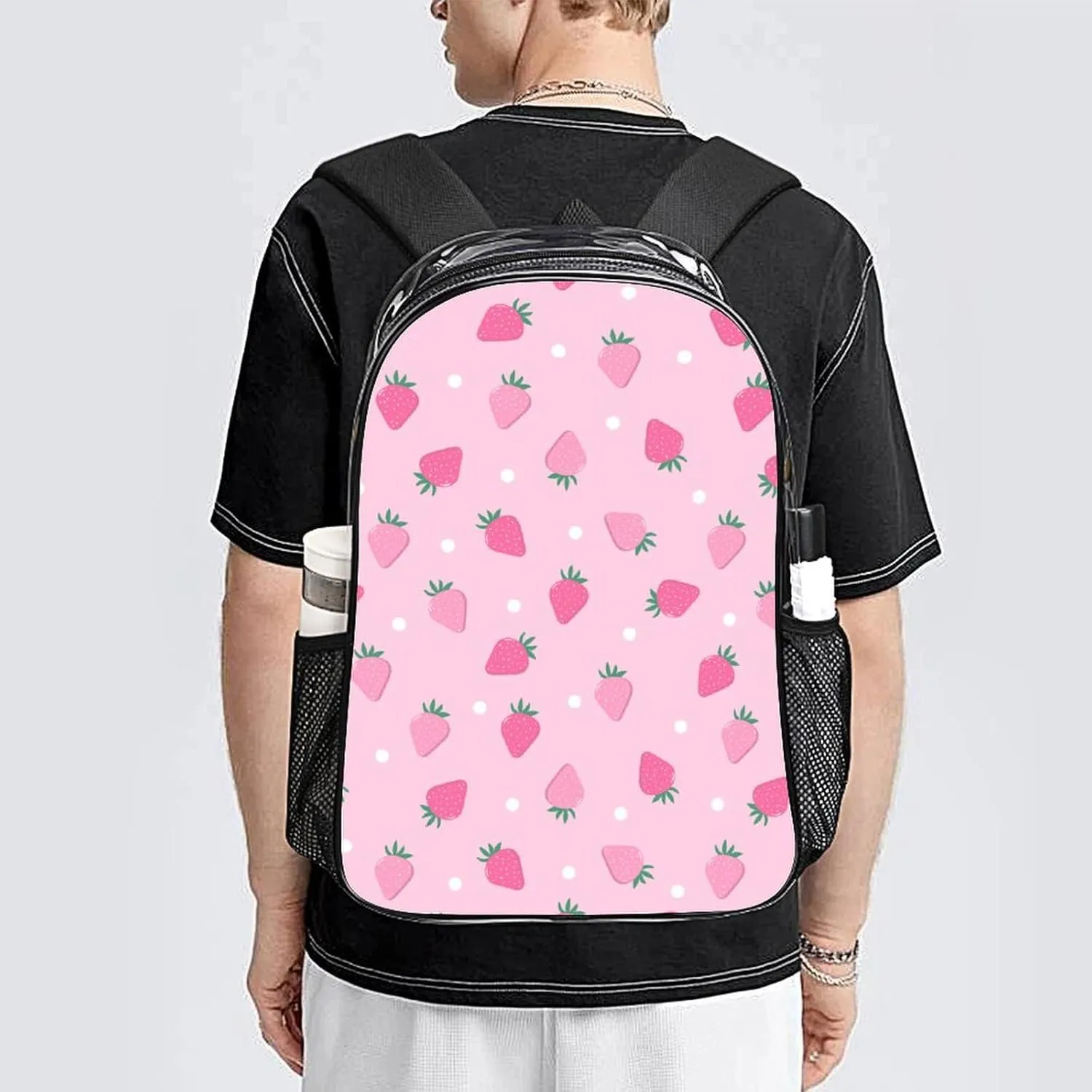 Pink Strawberry Polka Dot Transparent Fashion Waterproof PVC Transparent Backpack Unisex 17 Inches