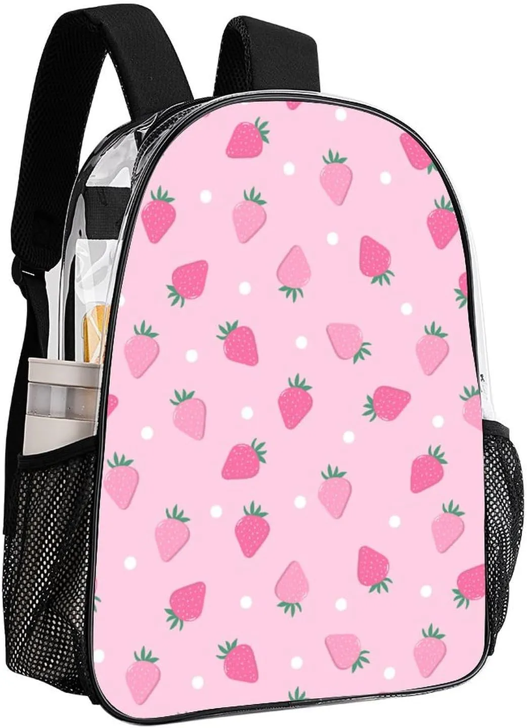 Pink Strawberry Polka Dot Transparent Fashion Waterproof PVC Transparent Backpack Unisex 17 Inches