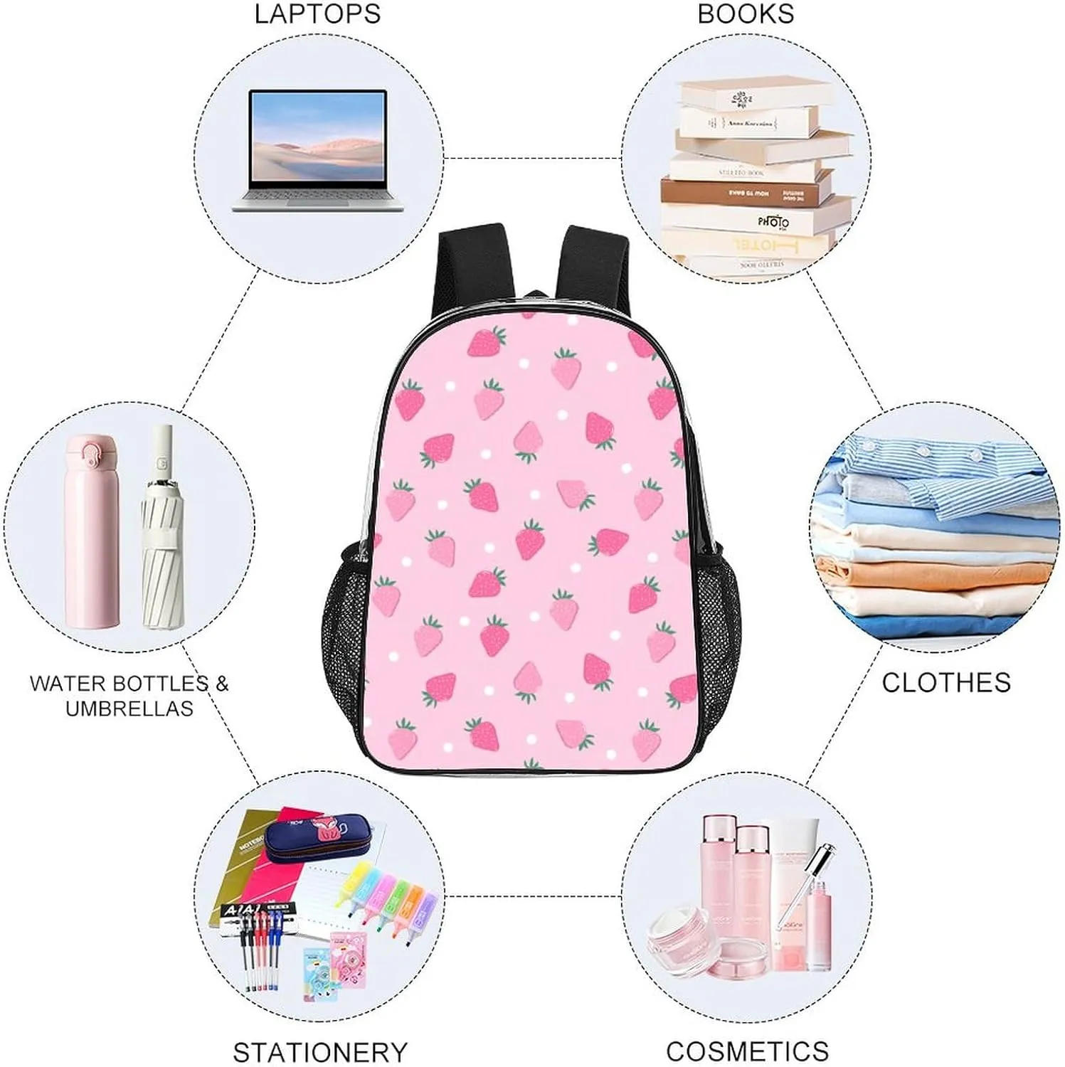 Pink Strawberry Polka Dot Transparent Fashion Waterproof PVC Transparent Backpack Unisex 17 Inches