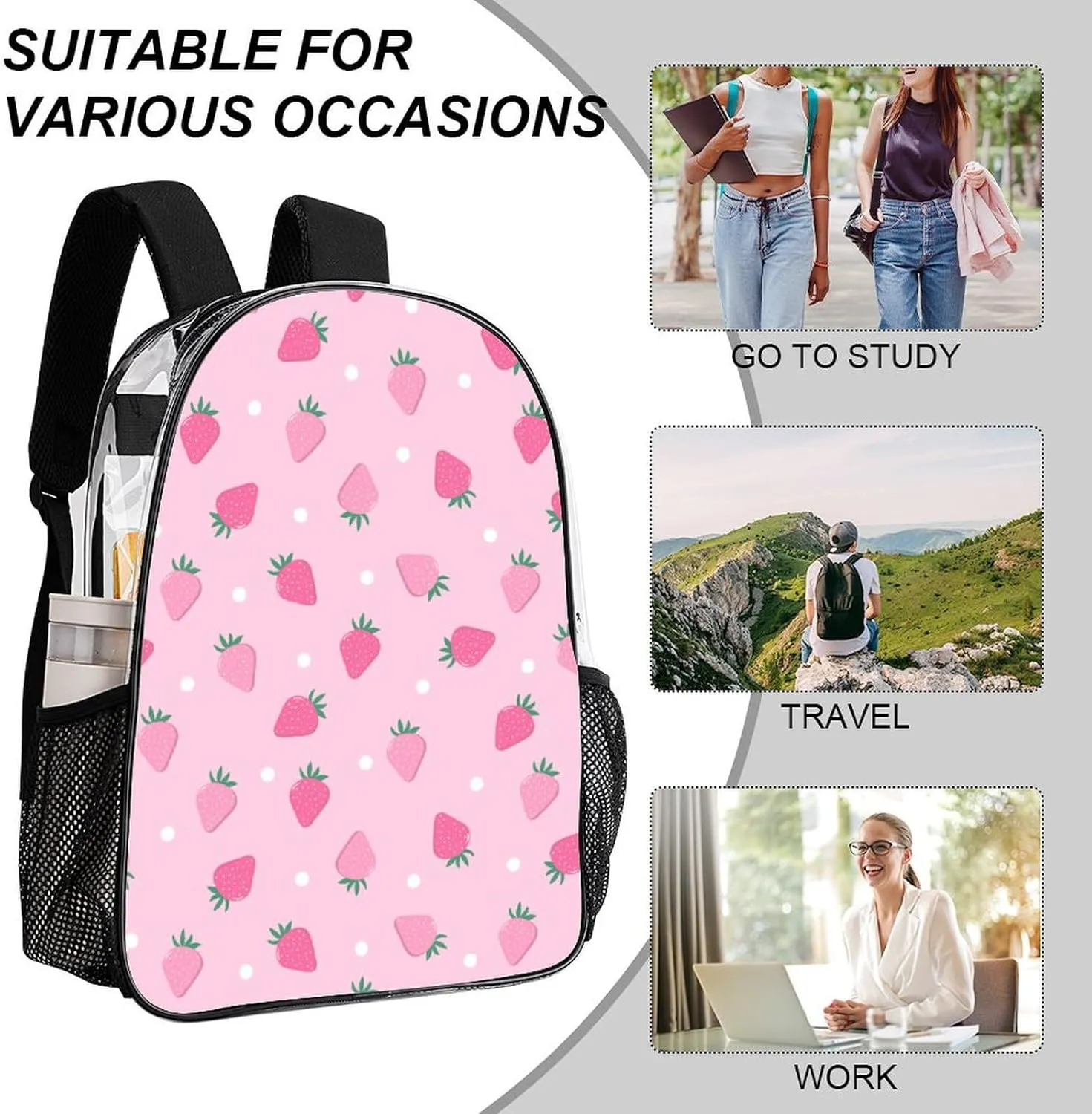 Pink Strawberry Polka Dot Transparent Fashion Waterproof PVC Transparent Backpack Unisex 17 Inches