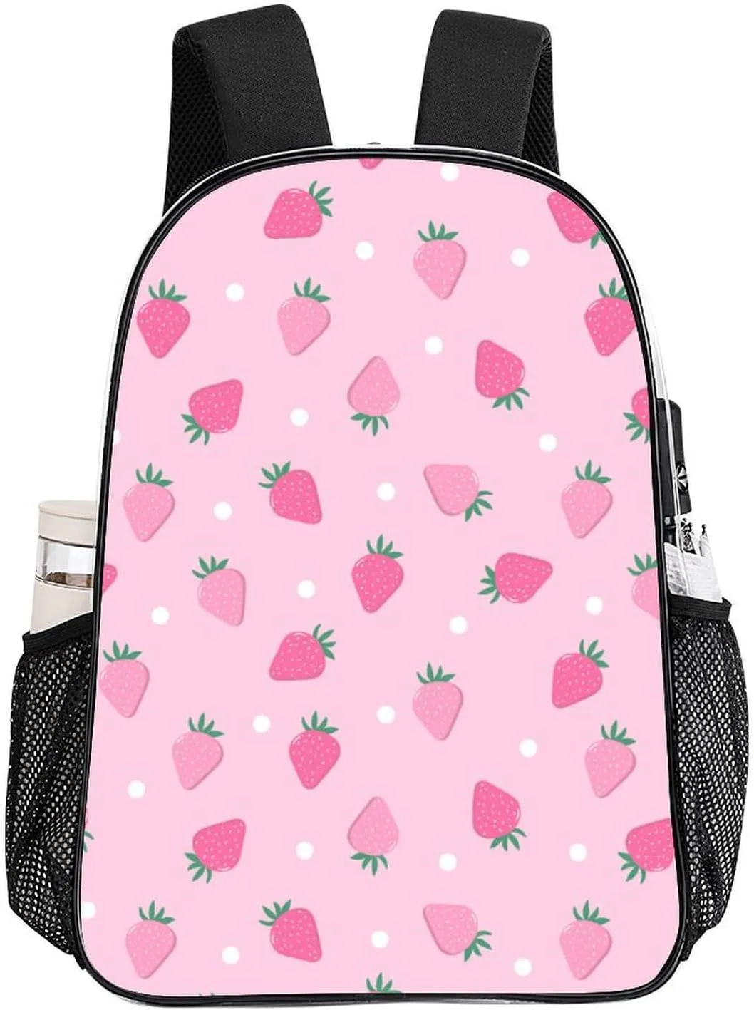Pink Strawberry Polka Dot Transparent Fashion Waterproof PVC Transparent Backpack Unisex 17 Inches