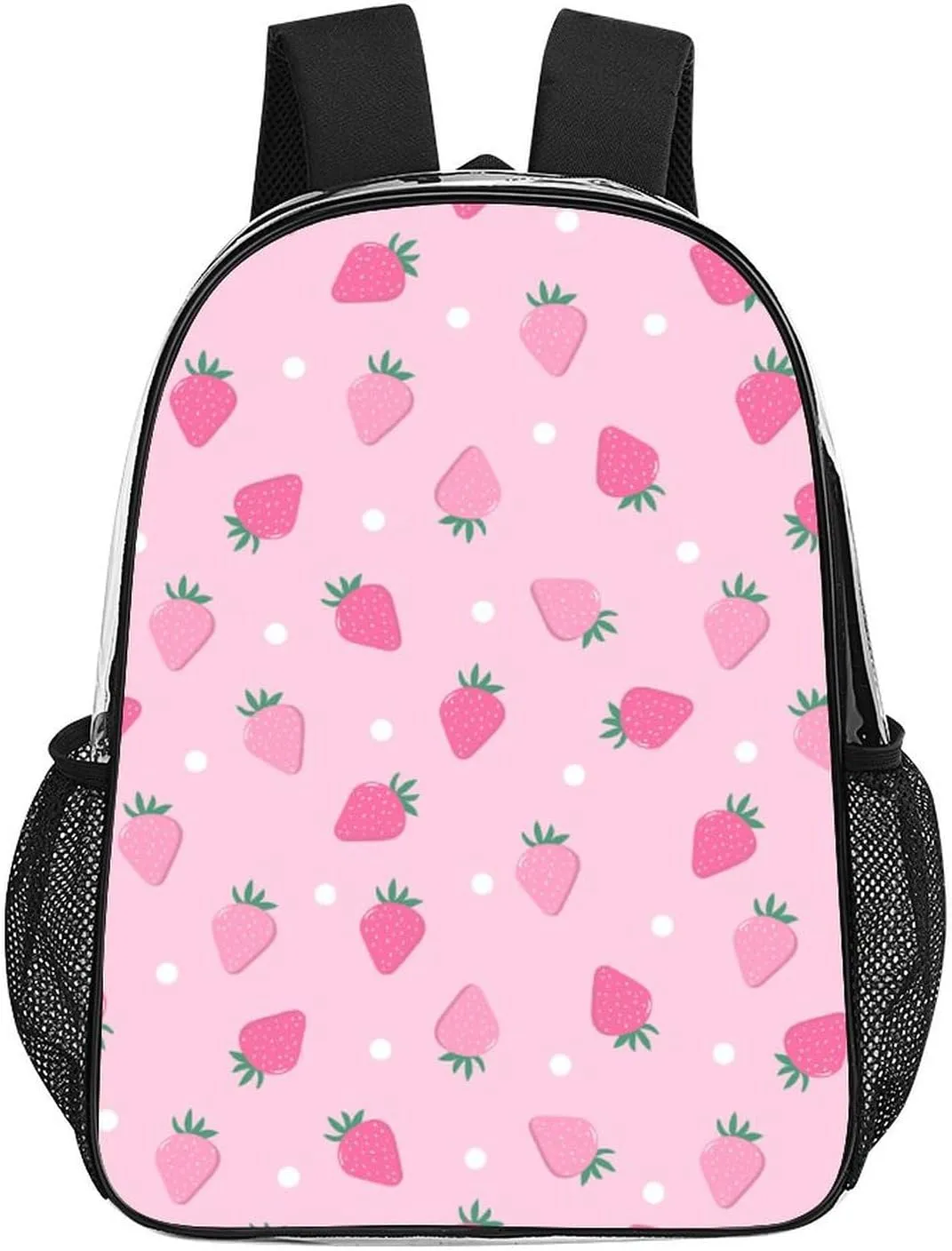 Pink Strawberry Polka Dot Transparent Fashion Waterproof PVC Transparent Backpack Unisex 17 Inches