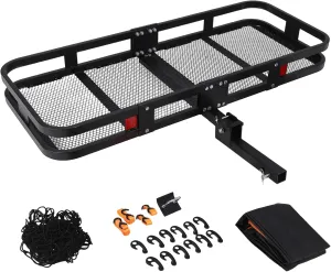 PioneerWorks 500 LBs Heavy Duty Foldable Trailer Hitch Cargo Carrier，60" x 24" x 6" Vehicle Cargo Rack Carrier，2 inch Receiver Rear Luggage Rack Basket for SUV Pickup Camping Traveling