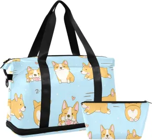 Playful Corgi Dogs in Various Poses Heart on Turquoise Foldable Travel Bag, Camping Luggage bag, Portable Gym Bag, Sports Bag, Toiletry Bag with Handles Adjustable Shoulder Strap