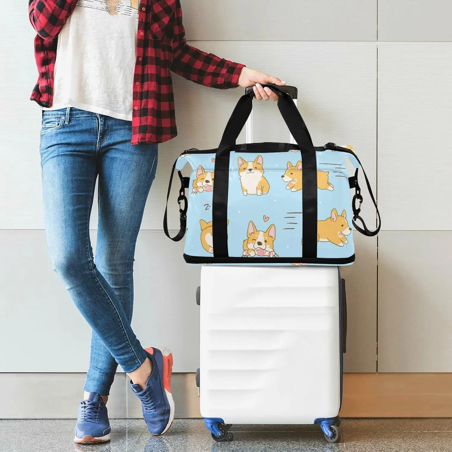 Playful Corgi Dogs in Various Poses Heart on Turquoise Foldable Travel Bag, Camping Luggage bag, Portable Gym Bag, Sports Bag, Toiletry Bag with Handles Adjustable Shoulder Strap