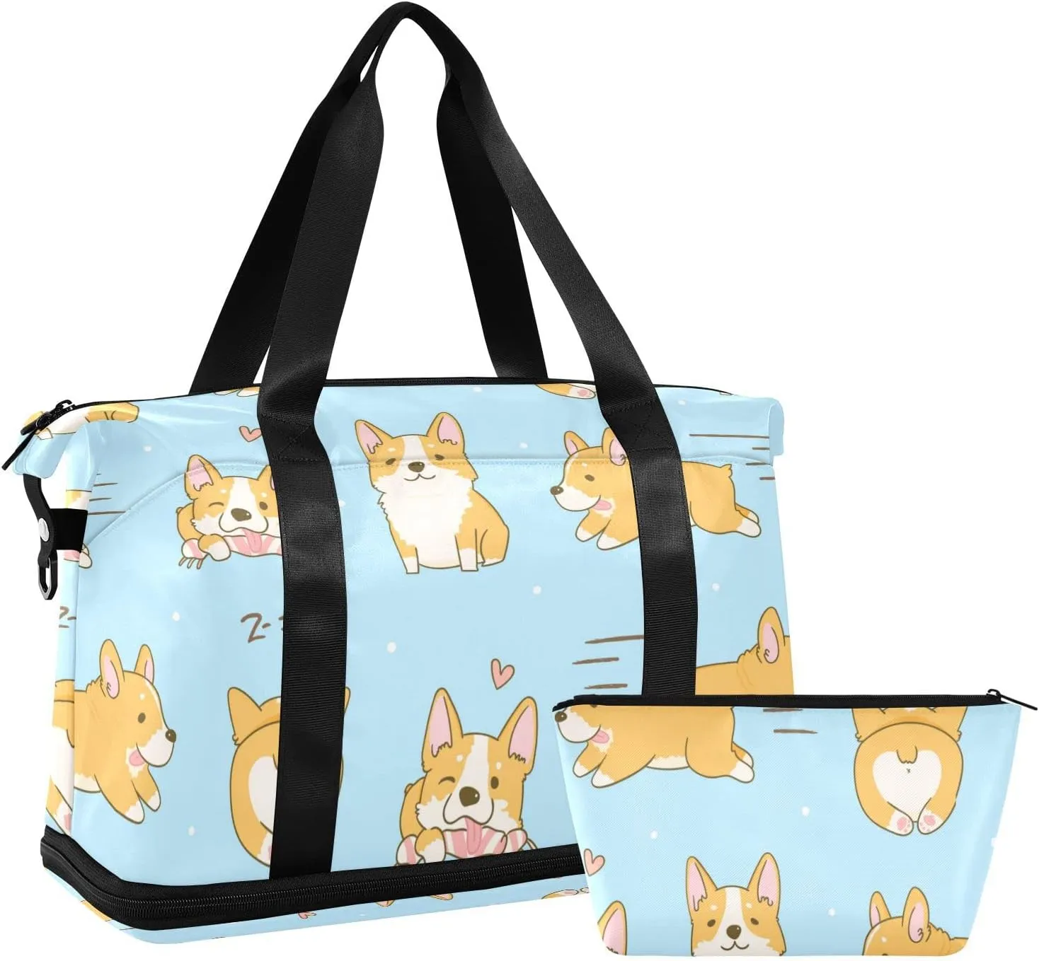 Playful Corgi Dogs in Various Poses Heart on Turquoise Foldable Travel Bag, Camping Luggage bag, Portable Gym Bag, Sports Bag, Toiletry Bag with Handles Adjustable Shoulder Strap