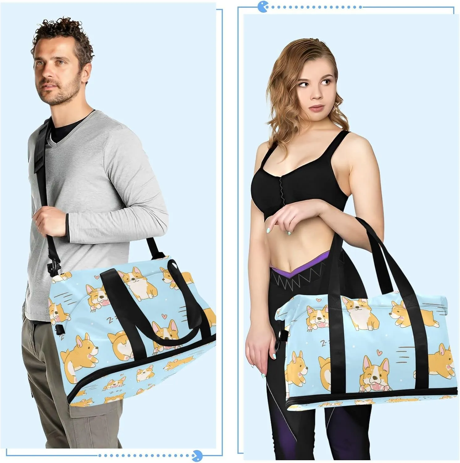Playful Corgi Dogs in Various Poses Heart on Turquoise Foldable Travel Bag, Camping Luggage bag, Portable Gym Bag, Sports Bag, Toiletry Bag with Handles Adjustable Shoulder Strap