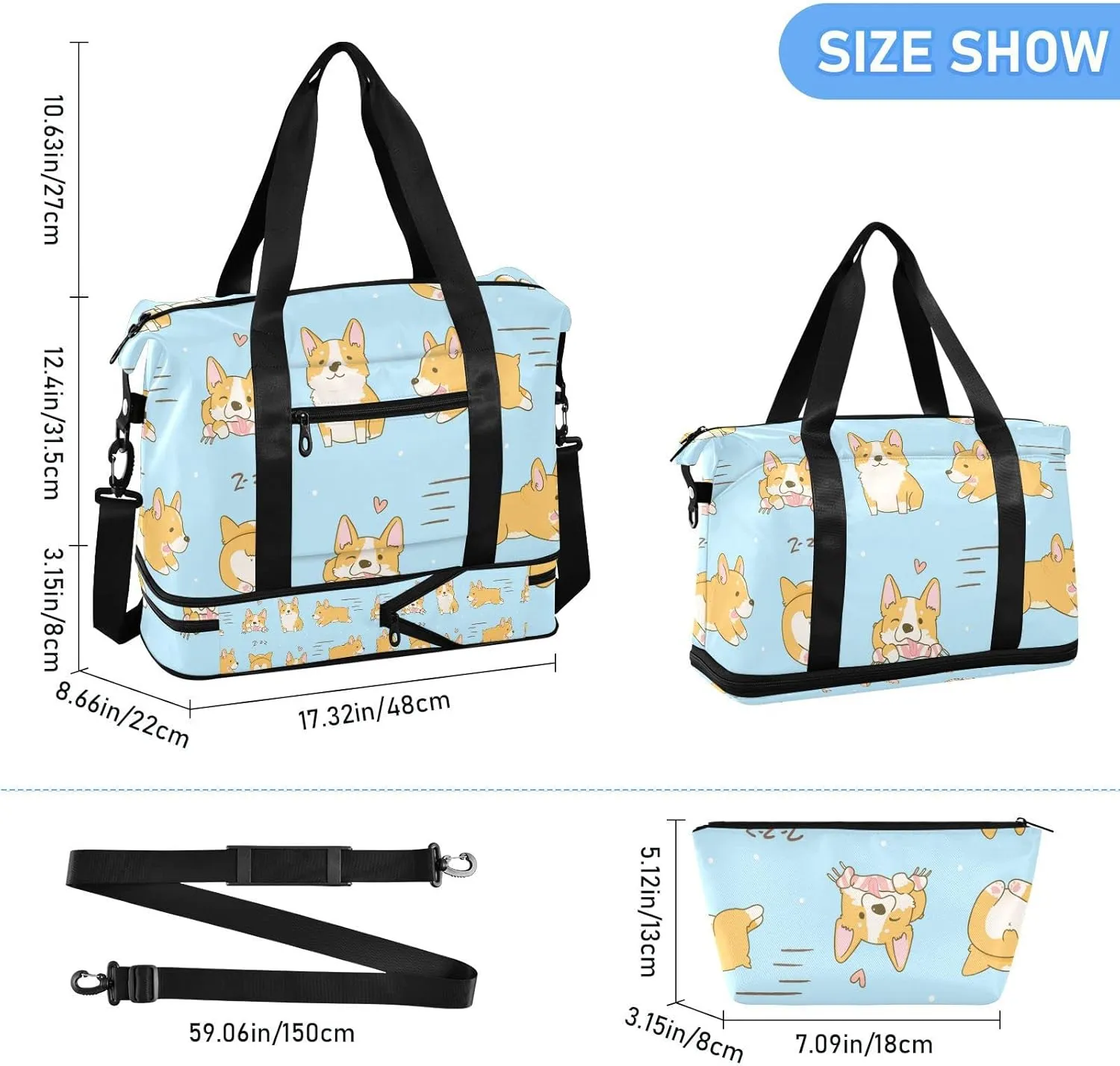 Playful Corgi Dogs in Various Poses Heart on Turquoise Foldable Travel Bag, Camping Luggage bag, Portable Gym Bag, Sports Bag, Toiletry Bag with Handles Adjustable Shoulder Strap