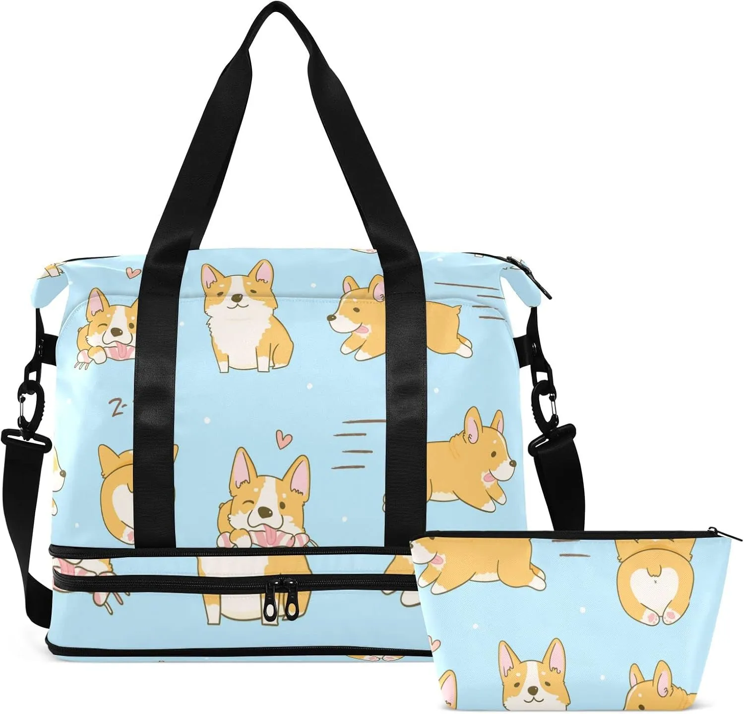 Playful Corgi Dogs in Various Poses Heart on Turquoise Foldable Travel Bag, Camping Luggage bag, Portable Gym Bag, Sports Bag, Toiletry Bag with Handles Adjustable Shoulder Strap