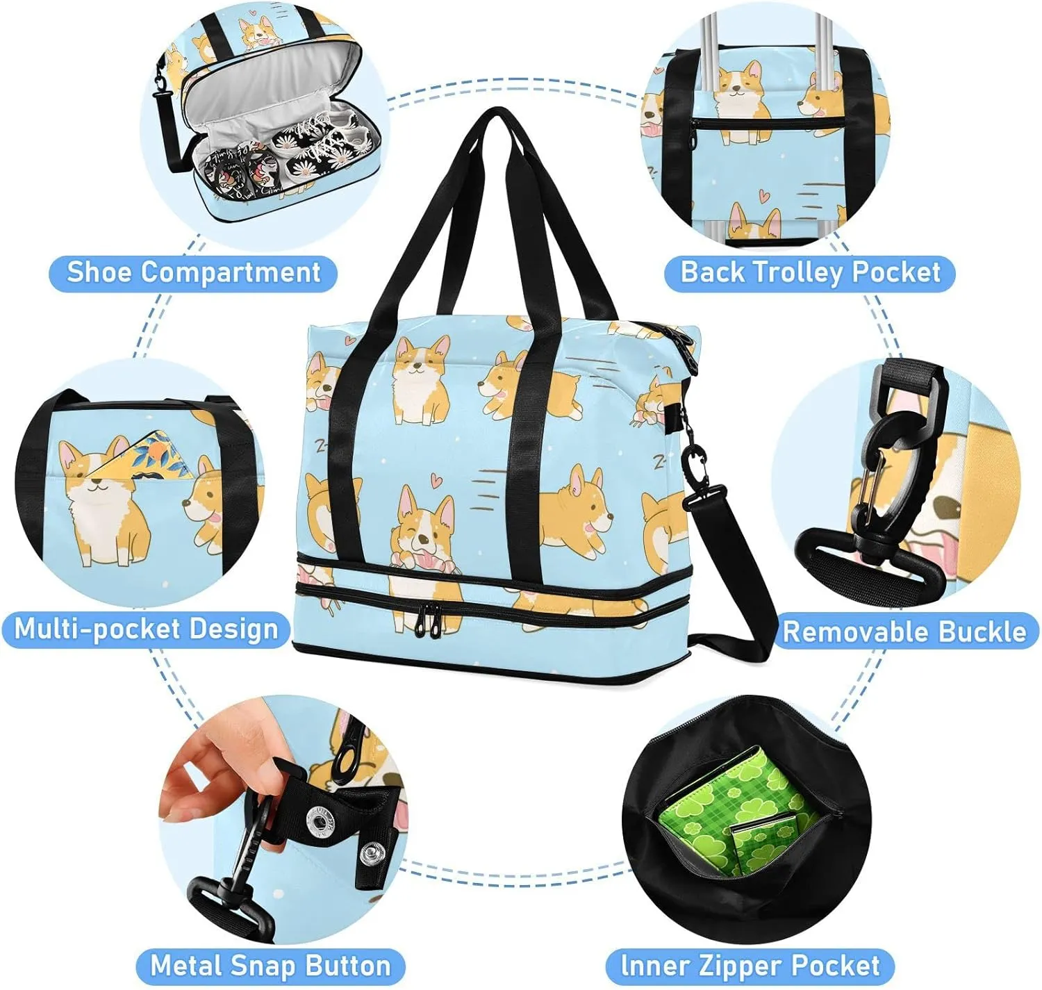 Playful Corgi Dogs in Various Poses Heart on Turquoise Foldable Travel Bag, Camping Luggage bag, Portable Gym Bag, Sports Bag, Toiletry Bag with Handles Adjustable Shoulder Strap