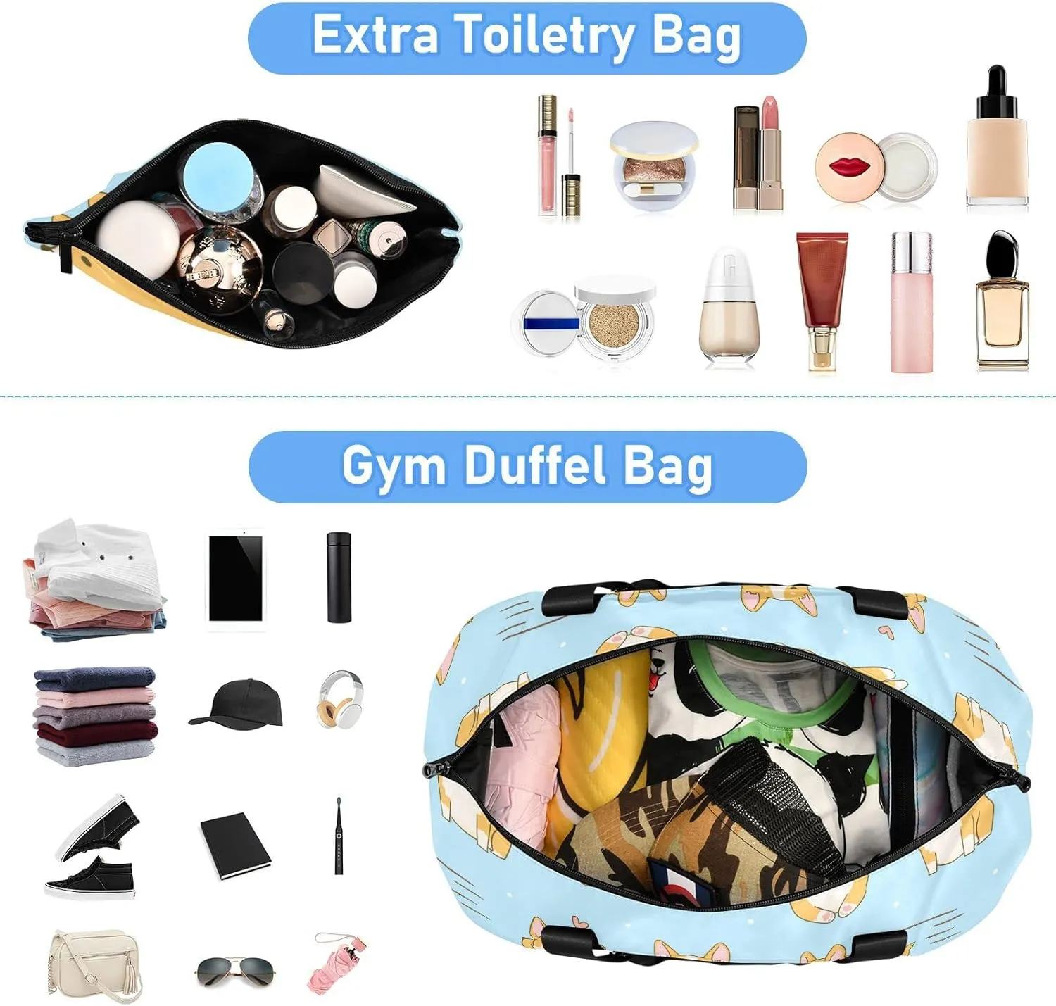 Playful Corgi Dogs in Various Poses Heart on Turquoise Foldable Travel Bag, Camping Luggage bag, Portable Gym Bag, Sports Bag, Toiletry Bag with Handles Adjustable Shoulder Strap