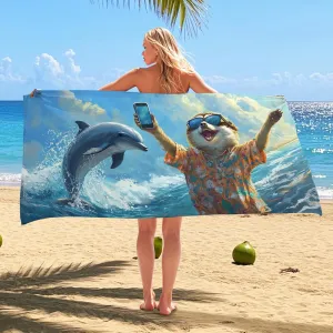 Playful Otter Dolphin Microfiber Beach Towel Fun Cartoon Ocean Towel, Quick Dry Absorbent Soft Lightweight Sand Free Beach Blanket, Summer Holiday Pool Picnic Essentials 62x31 Inch