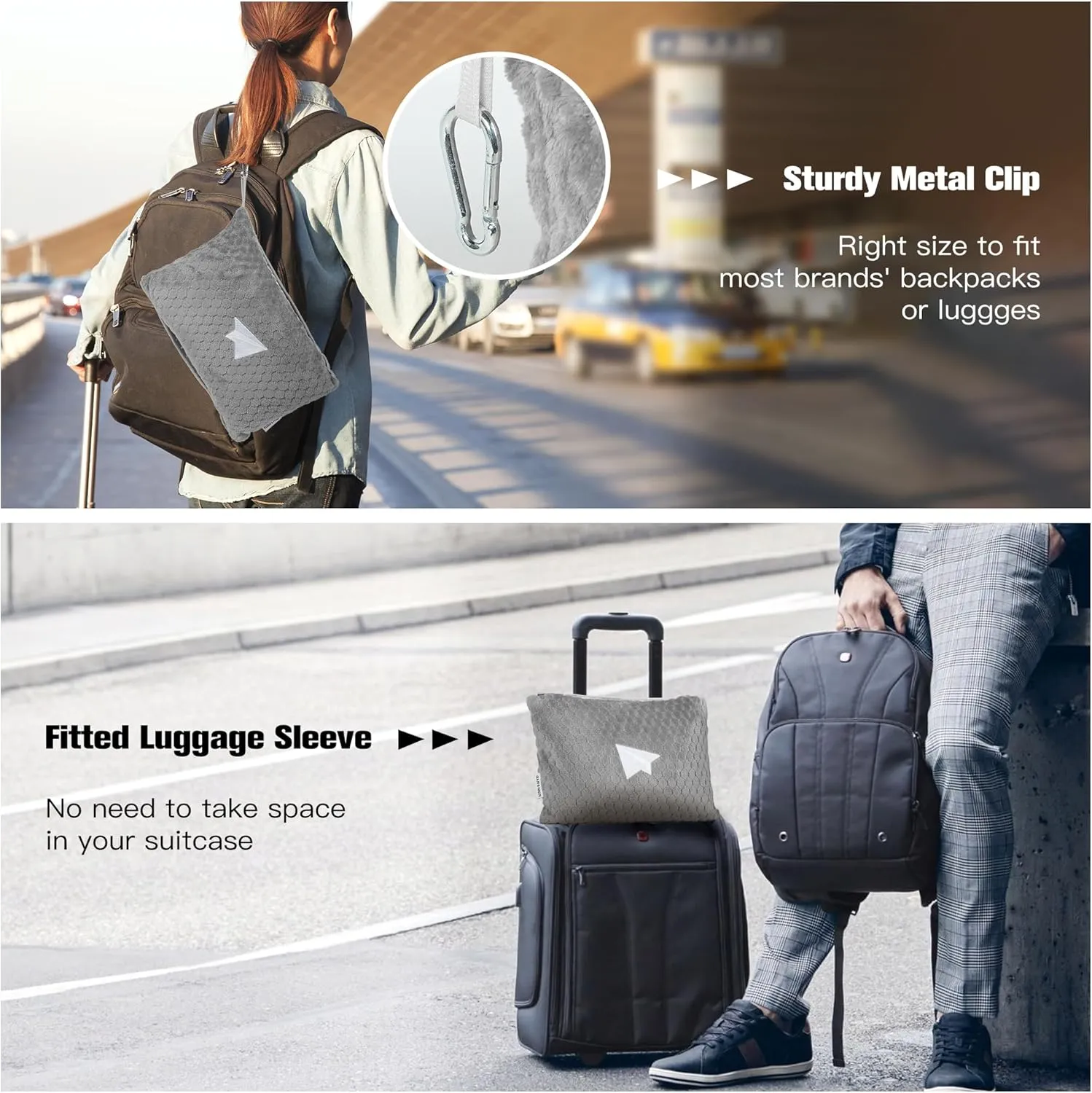 Plush & Plaid Travel Blanket Airplane Compact with Bag, Mid-Weight Soft Throw Blanket Pillow for Long/Short Flight, Portable Packable with Luggage Sleeve and Backpack Clip, 40x65, Gray