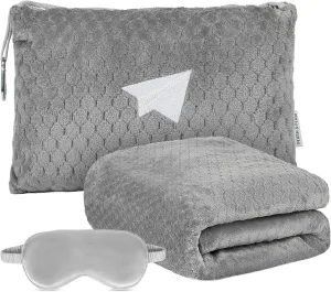 Plush & Plaid Travel Blanket Airplane Compact with Bag, Mid-Weight Soft Throw Blanket Pillow for Long/Short Flight, Portable Packable with Luggage Sleeve and Backpack Clip, 40x65, Gray
