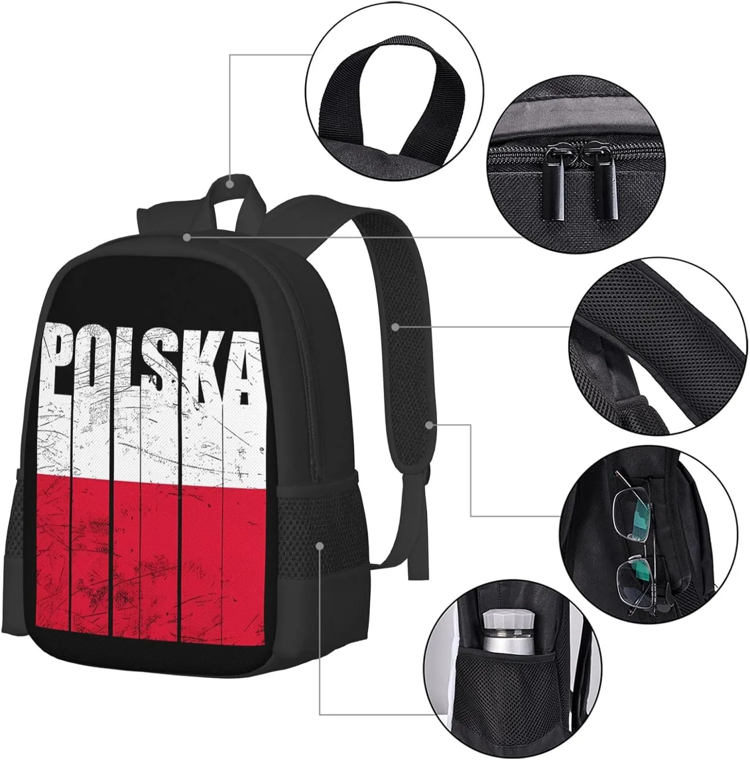 Polish Flag Poland Polska Flags Casual Backpacks Large Capacity Backpack Laptop Rucksack Sport Daypack Commuter Bags with Adjustable Strap for Traveling Camping