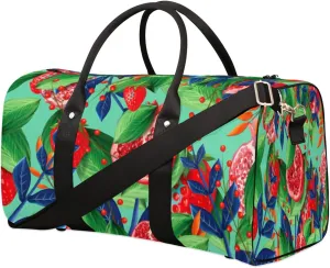 Pomegranate Strawberry Travel Duffel Bag, Green Leaves Sports Tote Gym Bag, Foldable Weekender Overnight Bag, Luggage Handle Bag for Women Men