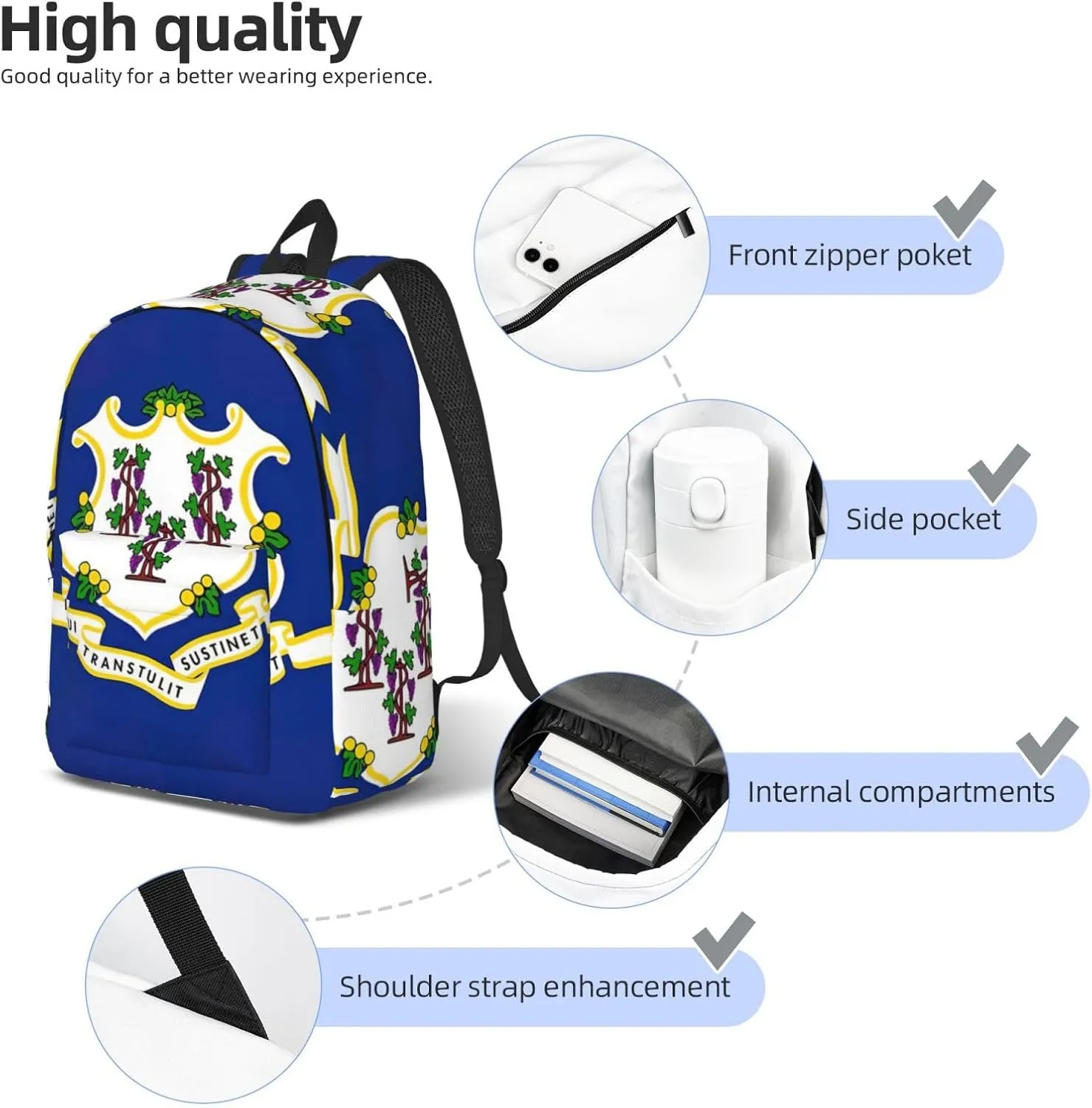 QIN&ZHENG Connecticut State Flag Print Personalized Canvas Backpack Stylish Rucksack Novelty Casual Daypack for Travel Work Small