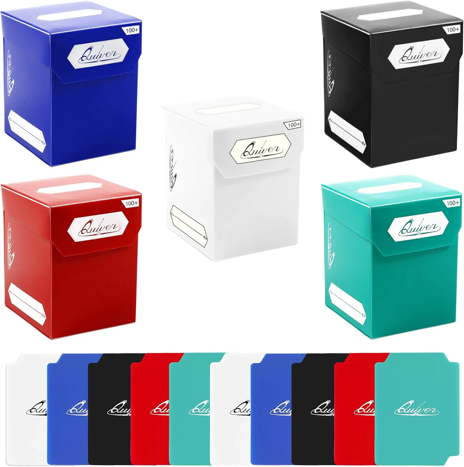 Quiver Time 100  Standard Trading Card Deck Blocks Fits MTG Deck & Other TCG Cards - Set of 5 Commander Deck Box with 2 Dividers/Card Deck Box (White, Black, Blue, Red & Green)