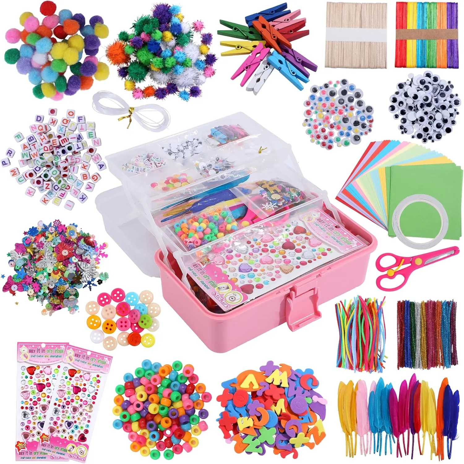 Qukou Kids Craft Supplies with 3-Tier Storage Box - 1400  Art Kit with Beads, Feathers, Pompoms & Tools- Creative Gift for Ages 3-12, Portable Organizer for School, Travel, Birthday, Christmas