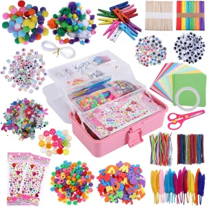 Qukou Kids Craft Supplies with 3-Tier Storage Box - 1400  Art Kit with Beads, Feathers, Pompoms & Tools- Creative Gift for Ages 3-12, Portable Organizer for School, Travel, Birthday, Christmas