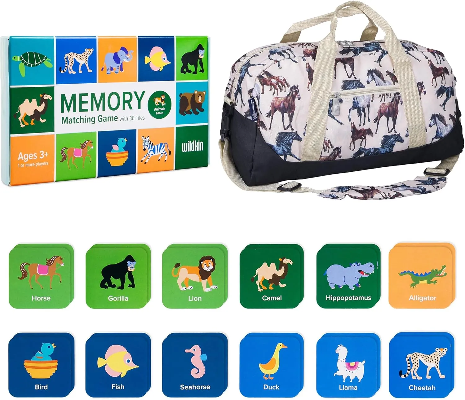 "Wildkin Overnighter Duffel Bag and Animals Memory Matching Game (36 pc) Bundle: Unleash Mindful Adventures - Pack and Play for Boundless Fun (Horse Dreams) "