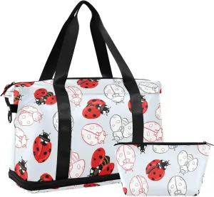 Red Ladybugs Ladybug with Wings Open Hand Drawn Ladybugs Foldable Travel Bag, Camping Luggage bag, Portable Gym Bag, Sports Bag, Toiletry Bag with Handles Adjustable Shoulder Strap