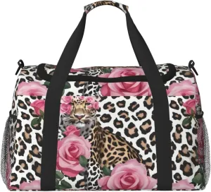 Red Rose Mix Leopard Travel Duffel Bag With Zippers And Handles, Big Foldable Duffle Bag For Family Vacations