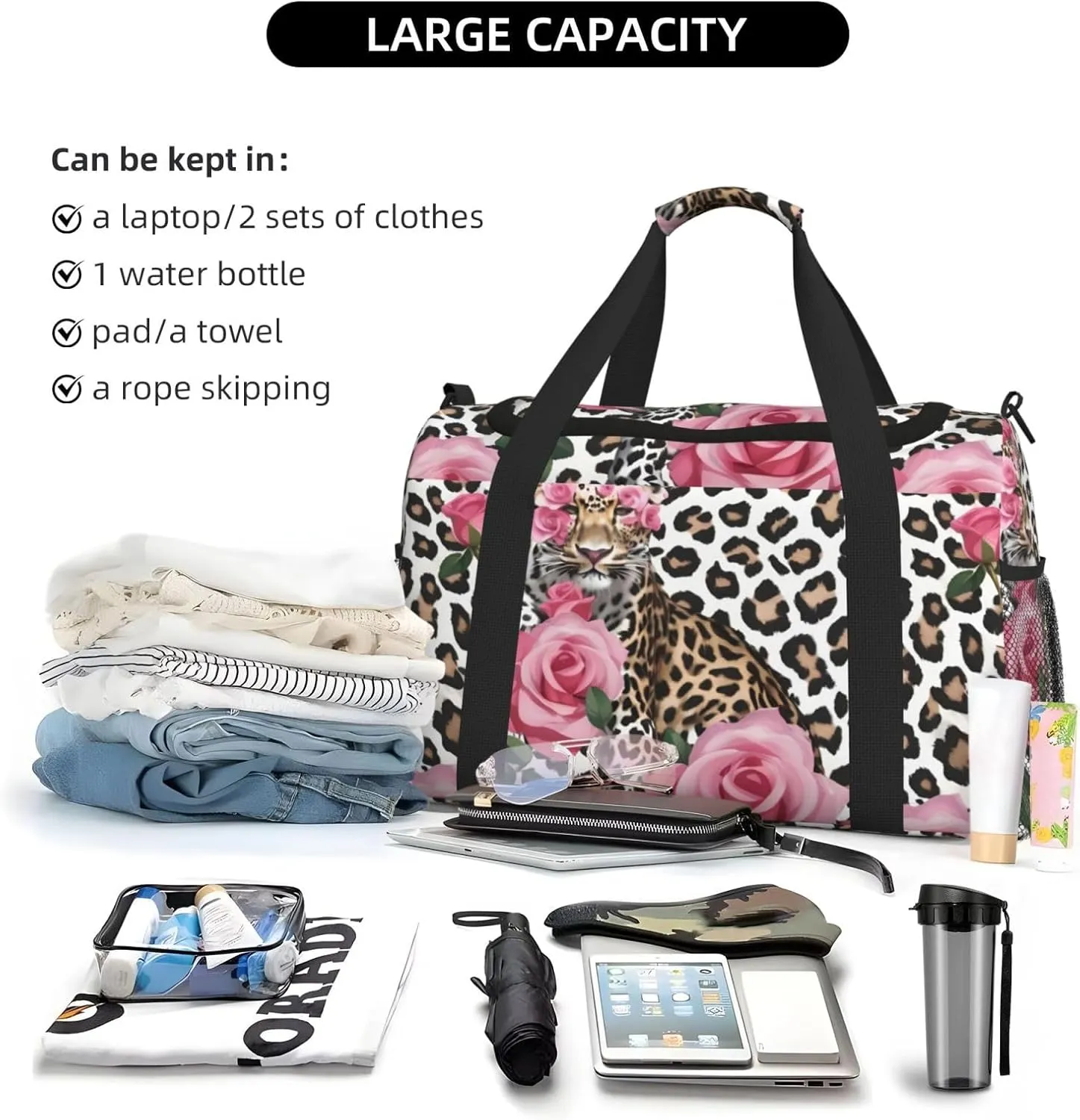 Red Rose Mix Leopard Travel Duffel Bag With Zippers And Handles, Big Foldable Duffle Bag For Family Vacations