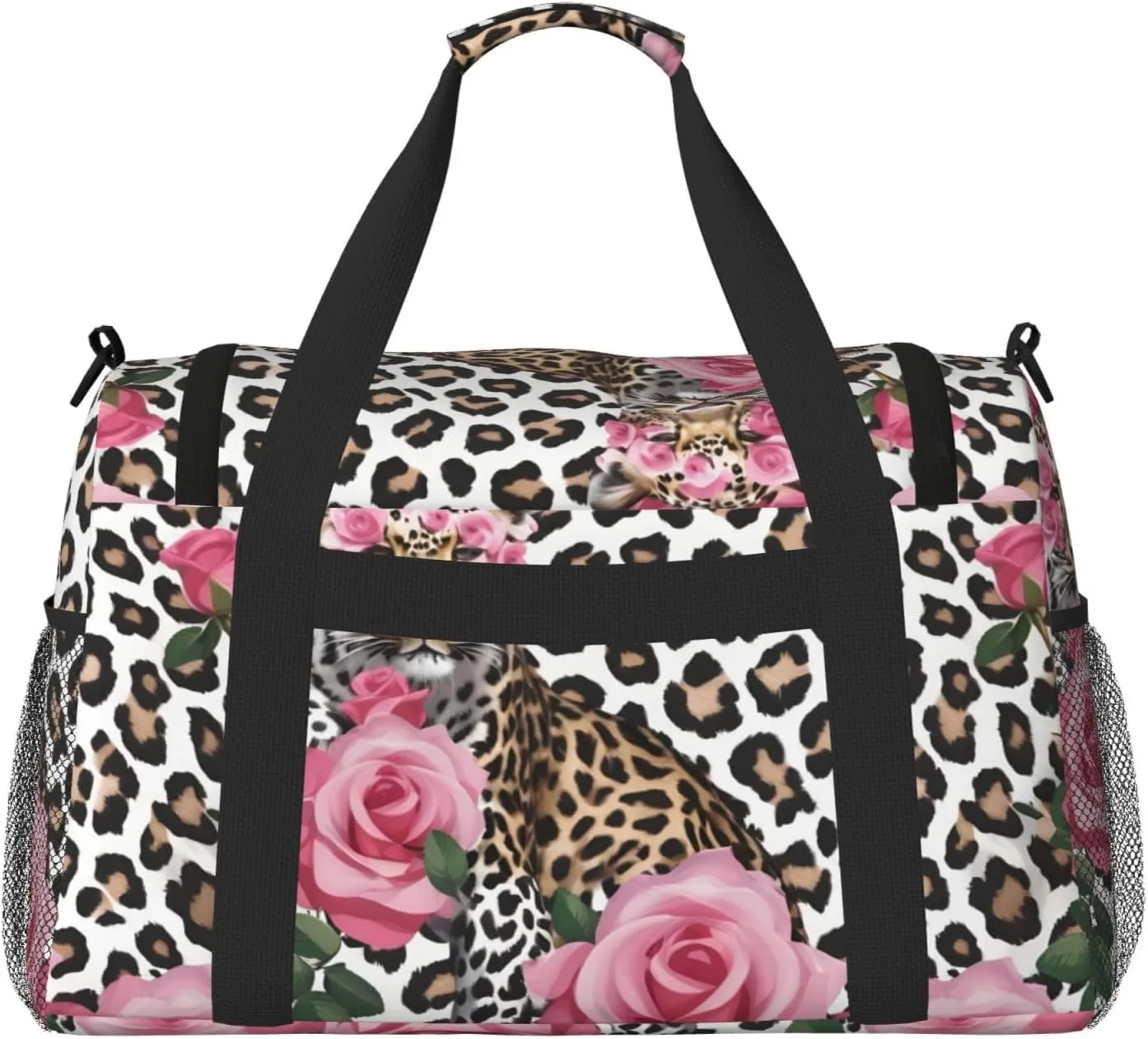 Red Rose Mix Leopard Travel Duffel Bag With Zippers And Handles, Big Foldable Duffle Bag For Family Vacations