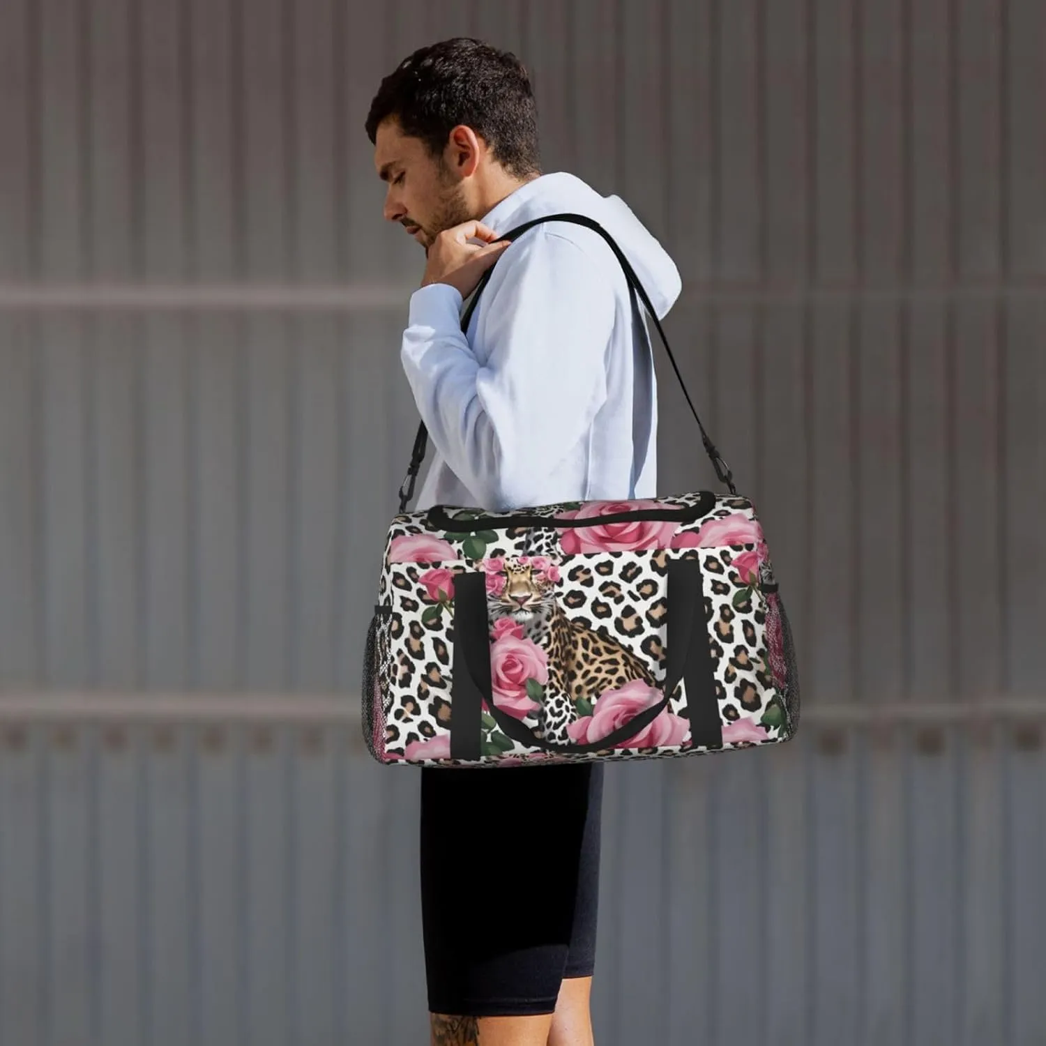 Red Rose Mix Leopard Travel Duffel Bag With Zippers And Handles, Big Foldable Duffle Bag For Family Vacations