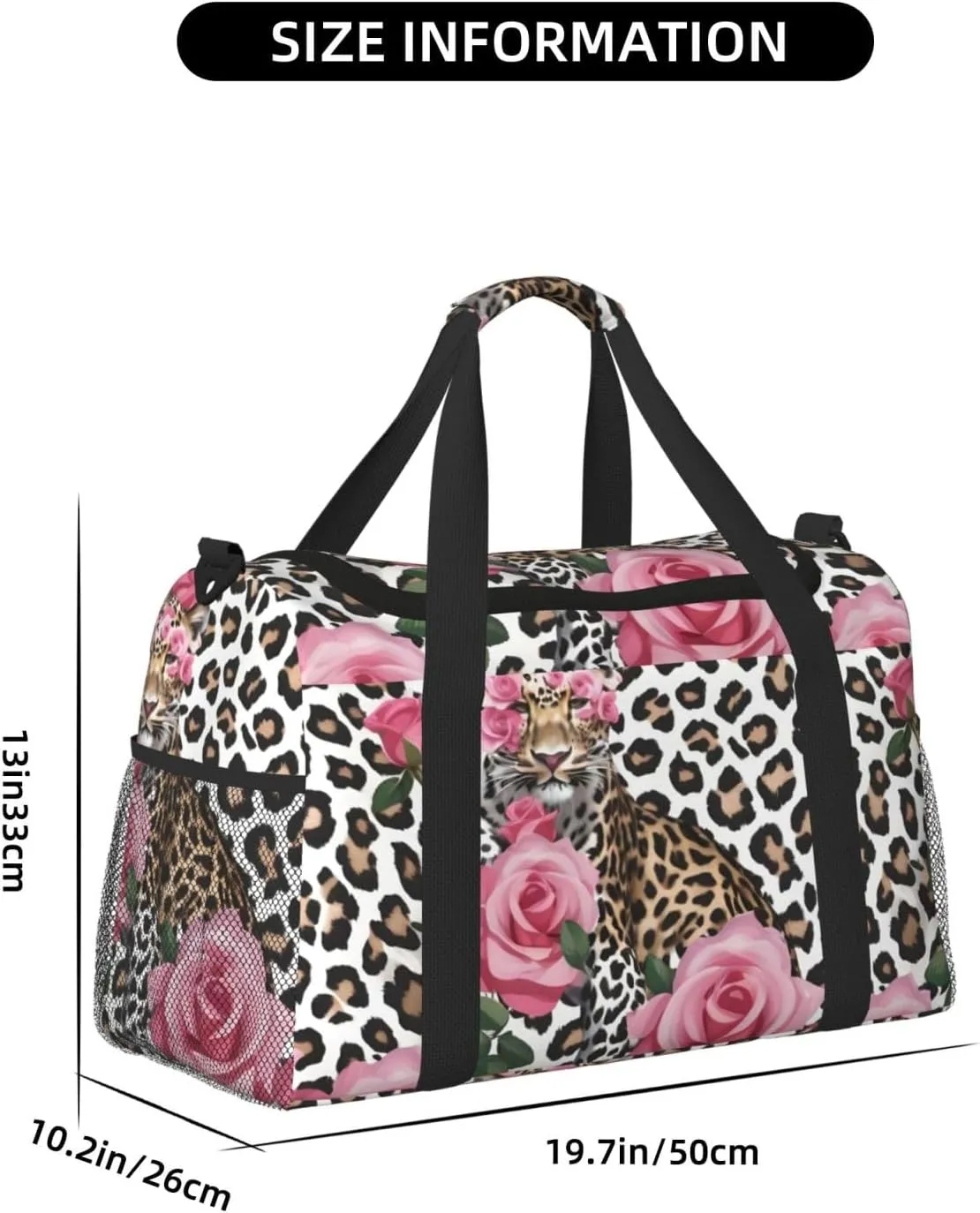 Red Rose Mix Leopard Travel Duffel Bag With Zippers And Handles, Big Foldable Duffle Bag For Family Vacations